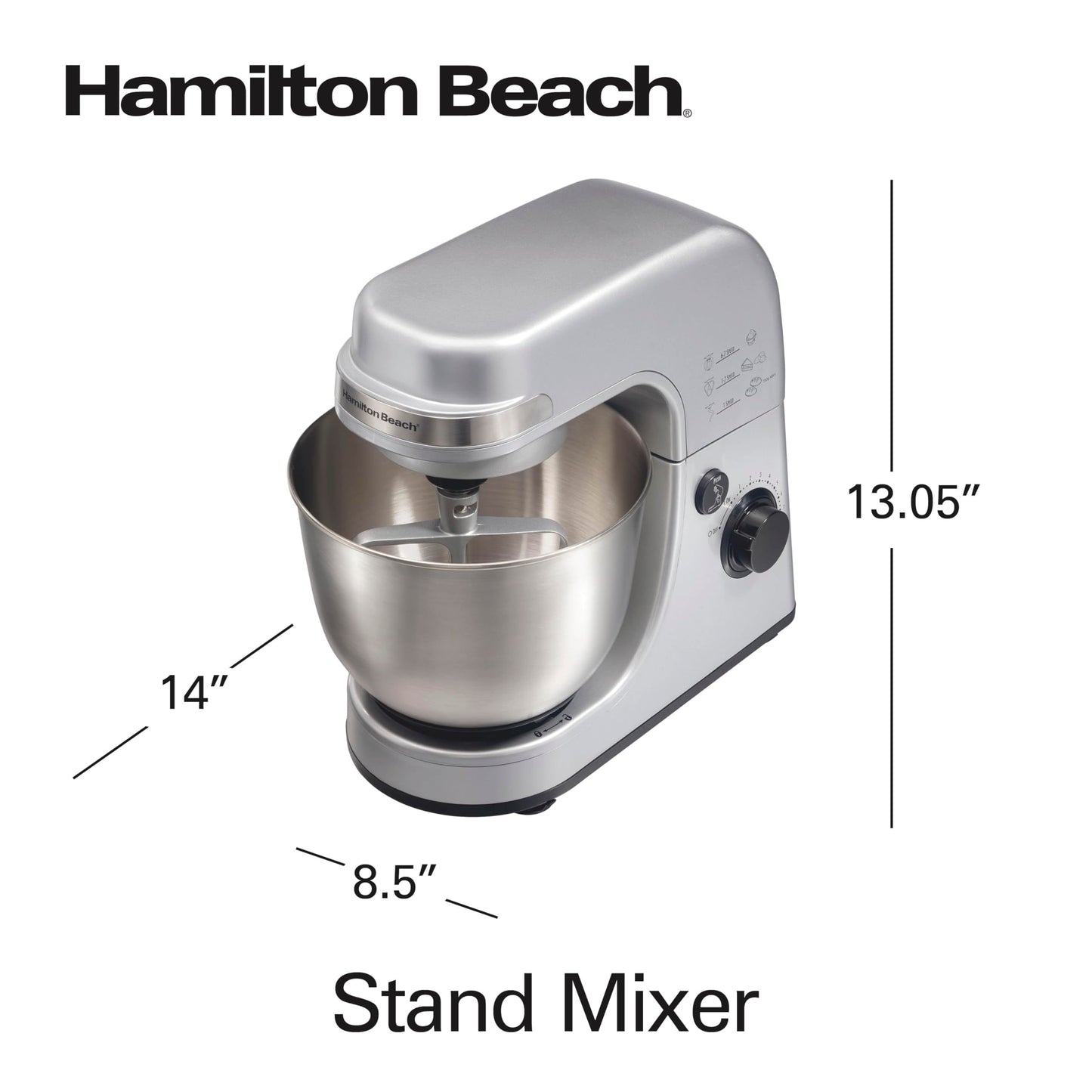 Hamilton Beach - Batidora eléctrica de pie, capacidad de 3.78 litros (4 cuartos de galón), gancho de masa, varilla, batidor plano, protector contra salpicaduras, 7 velocidades, color plata