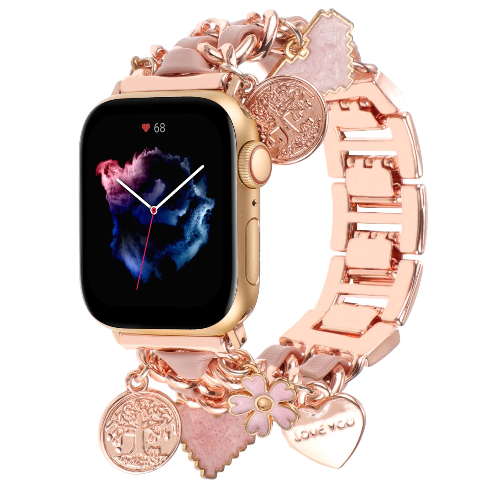 Pulsera Elegante REALSIGN flor oro rosa compatible con Apple Watch eslabones cubanos árbol de la vida para Mujer