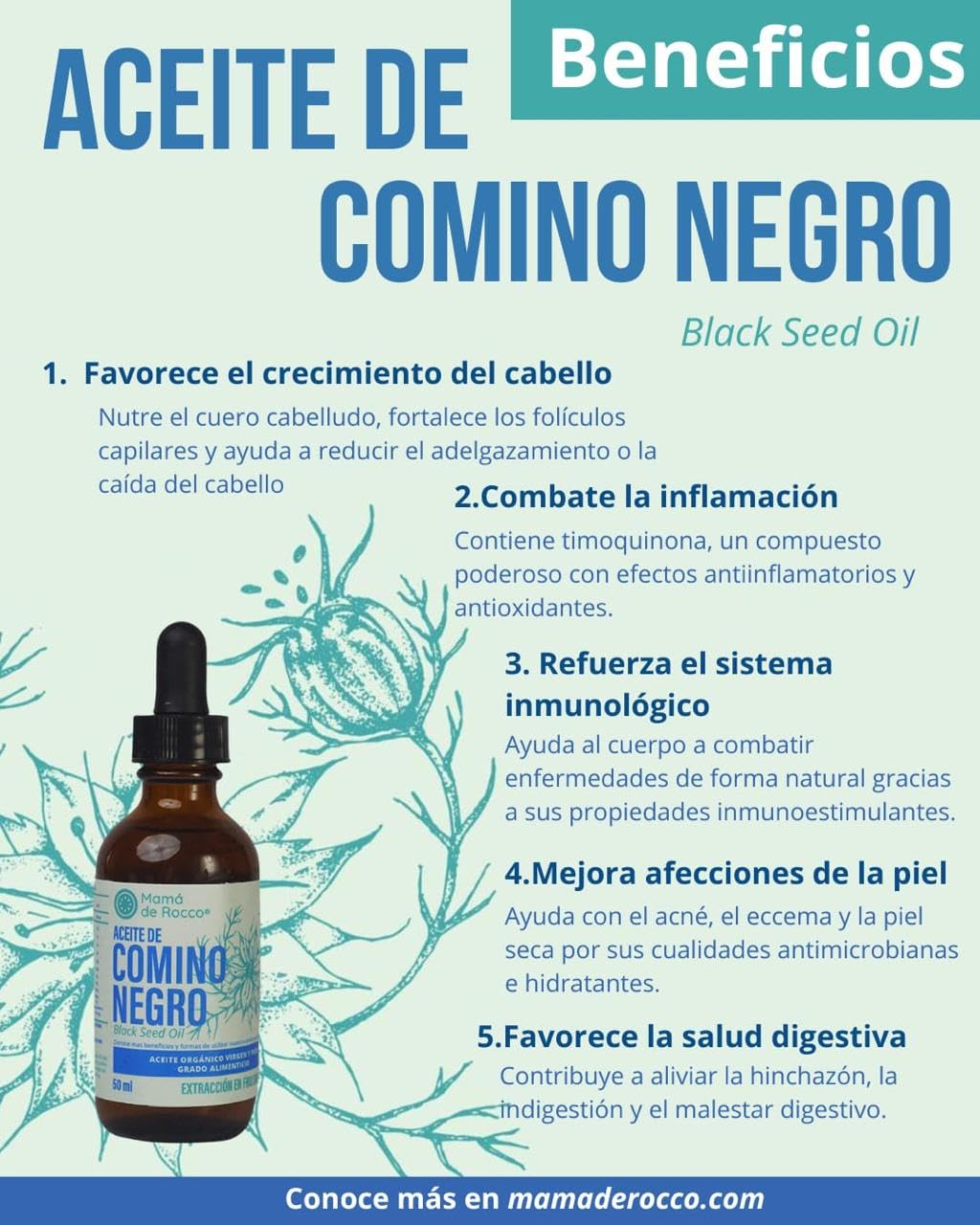 Mamá de Rocco | Aceite de Comino Negro Orgánico Prensado en Frío | Nigella Sativa Grado Alimenticio | Uso Tópico y Oral