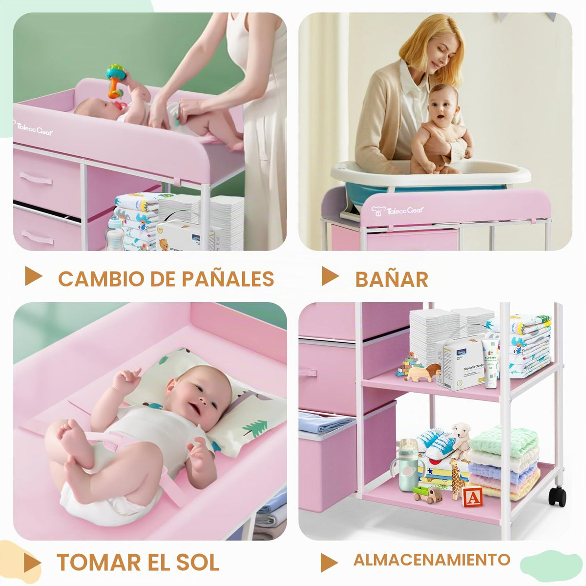 Mesa cambiadora para bebé, mesa cambiadora portátil, estación cambiadora de pañales con almohadilla impermeable, cómoda cambiadora con 3 cestas de almacenamiento, organizador móvil de guardería para