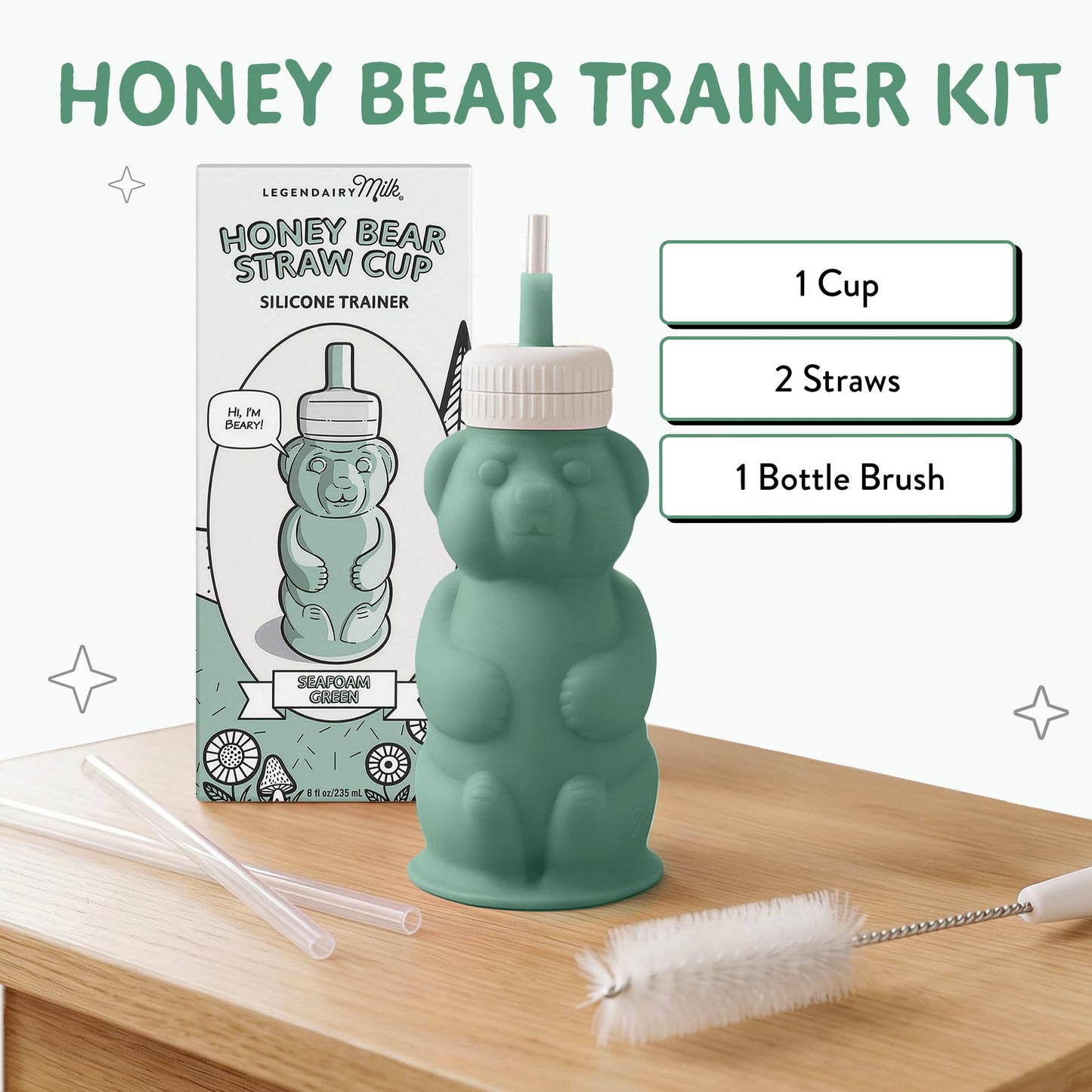 Legendairy Milk Vaso de silicona con pajita Honey Bear para bebés (verde), 225 g (8 oz). Apto para lavavajillas, silicona de grado alimenticio. Vaso para bebés Honeybear a partir de 4 meses (paquete d