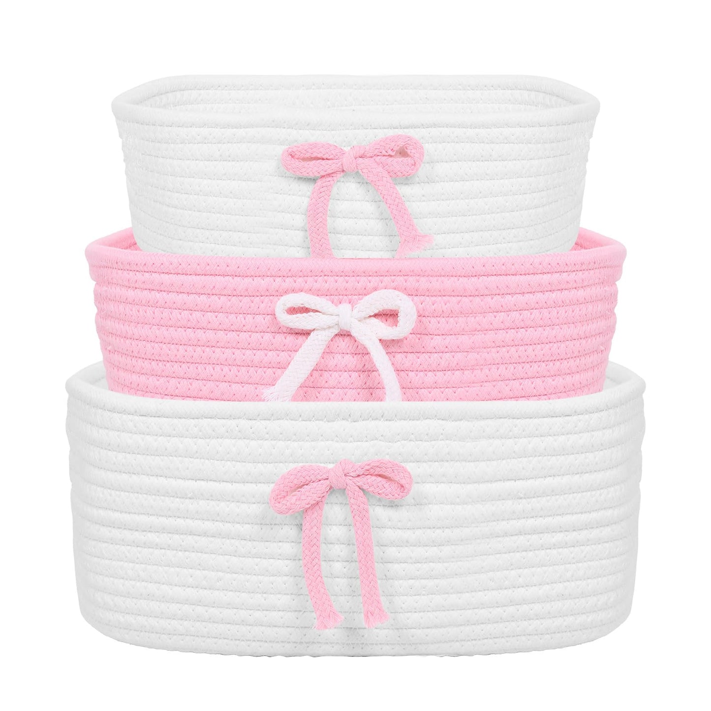 XYTZHSAI 3 cestas de lazo rosado, cestas de almacenamiento de cuerda de algodón tela coqueta con asas, bonita cinta decorativa para ropa de bebé, estante, maquillaje, pañales, organizador de anidación
