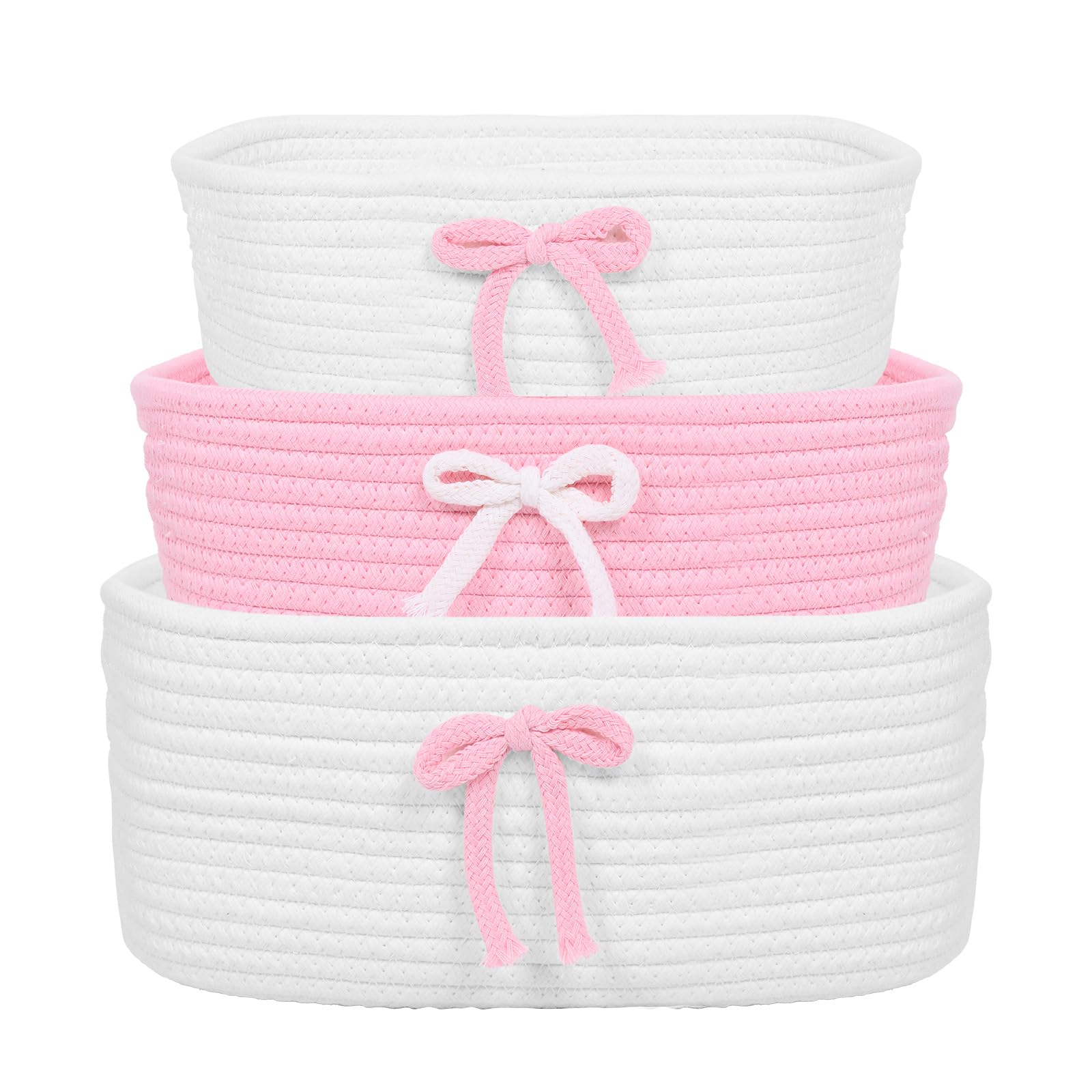 XYTZHSAI 3 cestas de lazo rosado, cestas de almacenamiento de cuerda de algodón tela coqueta con asas, bonita cinta decorativa para ropa de bebé, estante, maquillaje, pañales, organizador de anidación