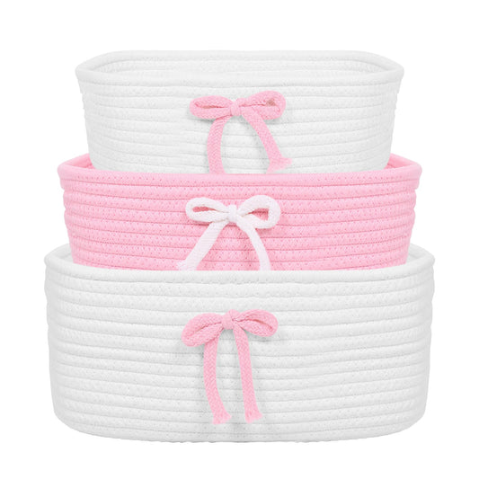 XYTZHSAI 3 cestas de lazo rosado, cestas de almacenamiento de cuerda de algodón tela coqueta con asas, bonita cinta decorativa para ropa de bebé, estante, maquillaje, pañales, organizador de anidación