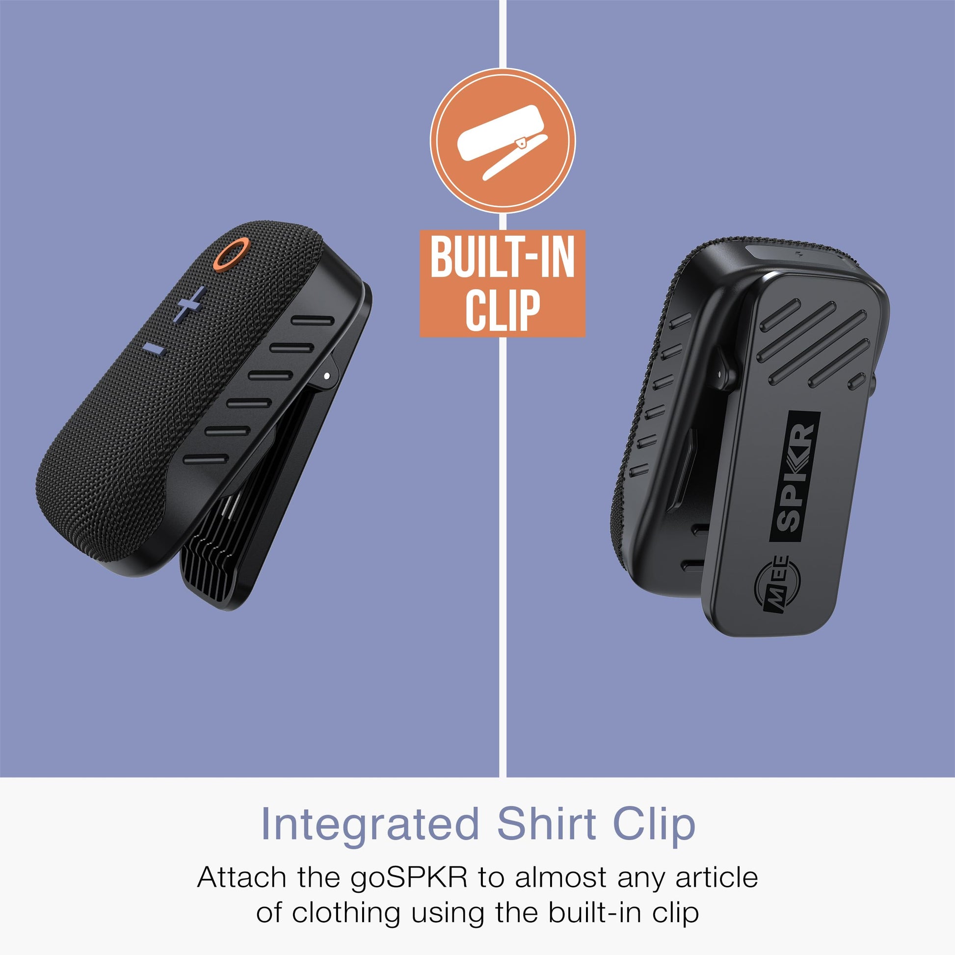 MEE Audio GoSPKR - Altavoz Bluetooth pequeño con Clip portátil con Resistencia al Agua IPX5, Altavoz Integrado con micrófono para Llamadas Manos Libres, diseño Compacto, Puede conectar estéreo de
