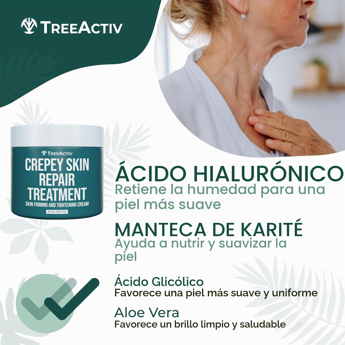 TreeActiv Crepey Skin Repair Treatment | Anti-Aging | Anti-Wrinkle | Organic Ingredients for Face, Neck, Chest, Legs & Arms | Hyaluronic Acid, Alpha Hydroxy Fruit Acids, Honey, Shea, Castor