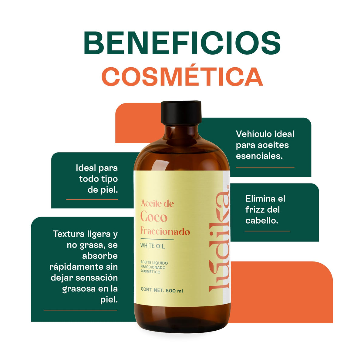 HEBBE Aceite de Coco Fraccionado 500 ml | Absorción Rápida | Hidratante Ligero para Piel y Cabello | Anti Frizz y Brillo