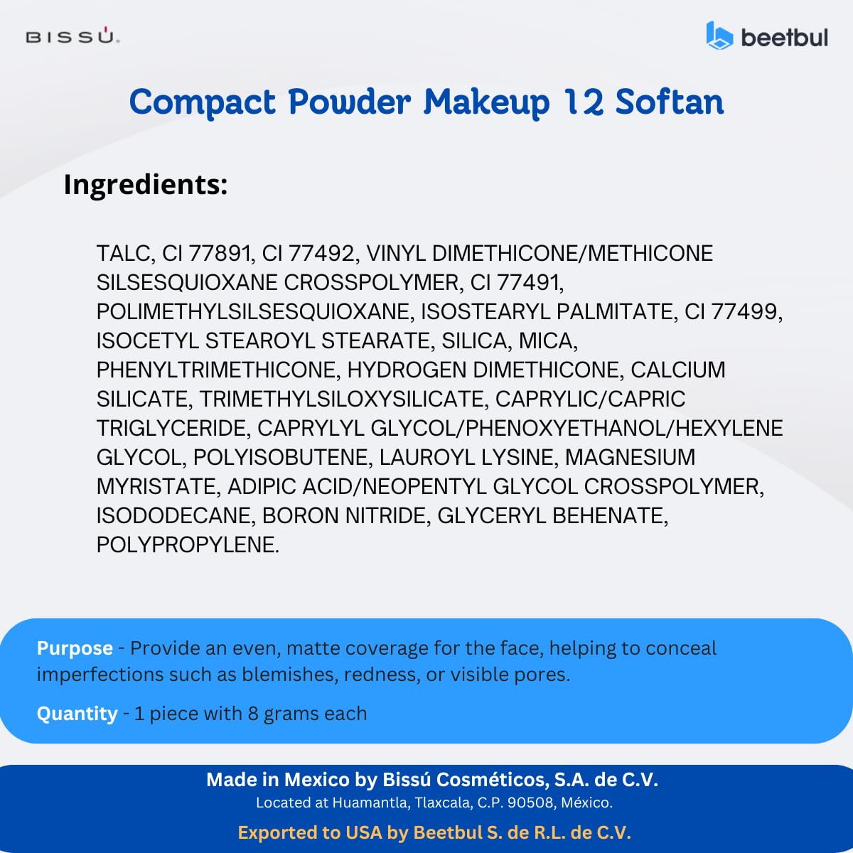 Kit de maquillaje y exfoliación – Polvo compacto Bissú + 1 Almohadilla de terciopelo mediano + 2 Almohadillas de dedos + 1 esponja exfoliante facial (12 Softan)