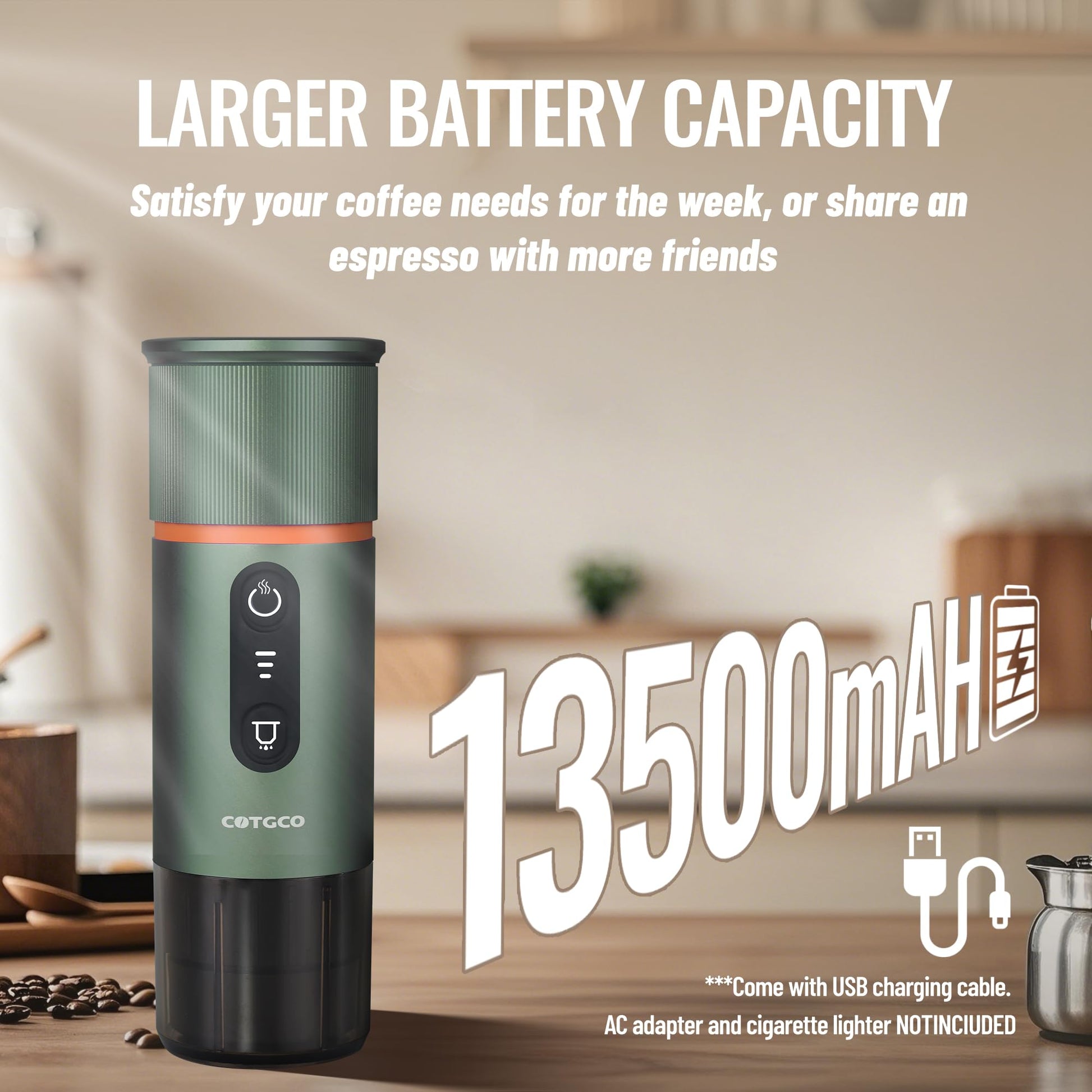 COTGCO - Cafetera portátil para viajes: cafetera portátil, autocalentamiento, haz 8 tazas de café de una carga, café en cualquier momento - Compatible con cápsulas Nespresso - Verde