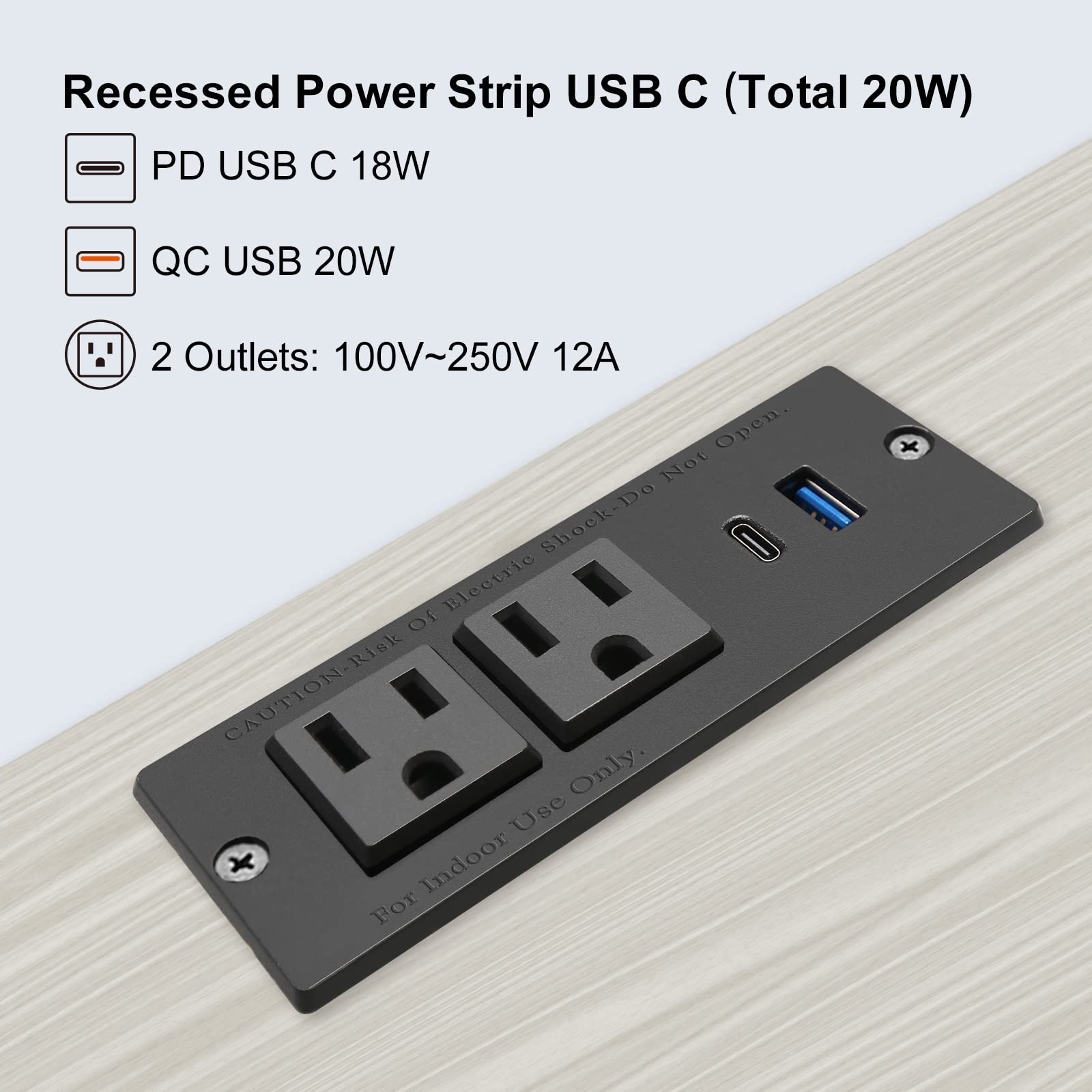 Tira de alimentación empotrada USB C de carga rápida, estación de energía de computadora, 2 tomacorrientes, 2 puertos USB (PD20W y QC18W, total 20 W, montaje en cable de extensión de 10 pies para mesa