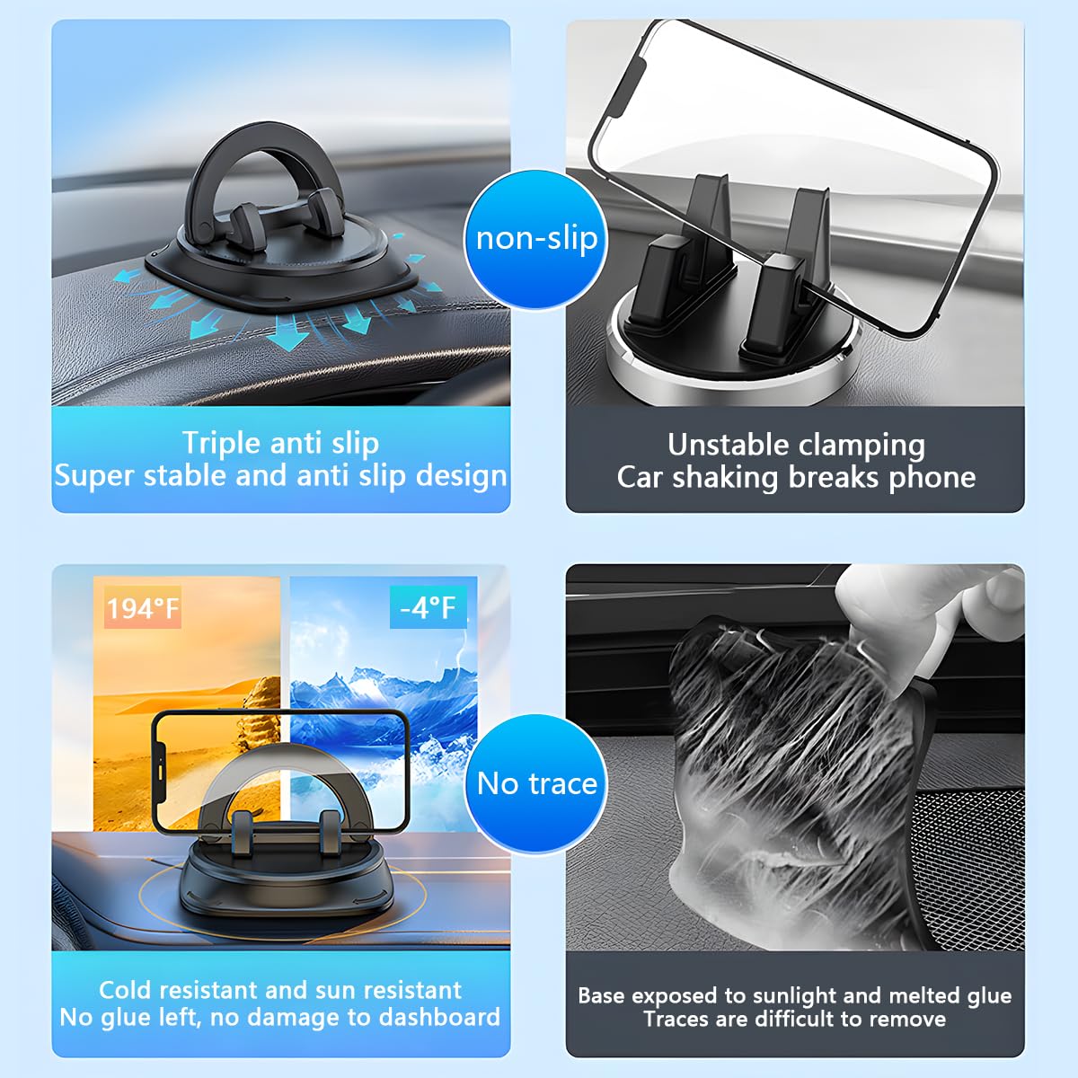 Bittwee - Soporte para teléfono de coche, giratorio de 360° estable, soporte para teléfono celular, antideslizante, accesorios de silicona para salpicadero de vehículo, universal, para RV, SUV, camión