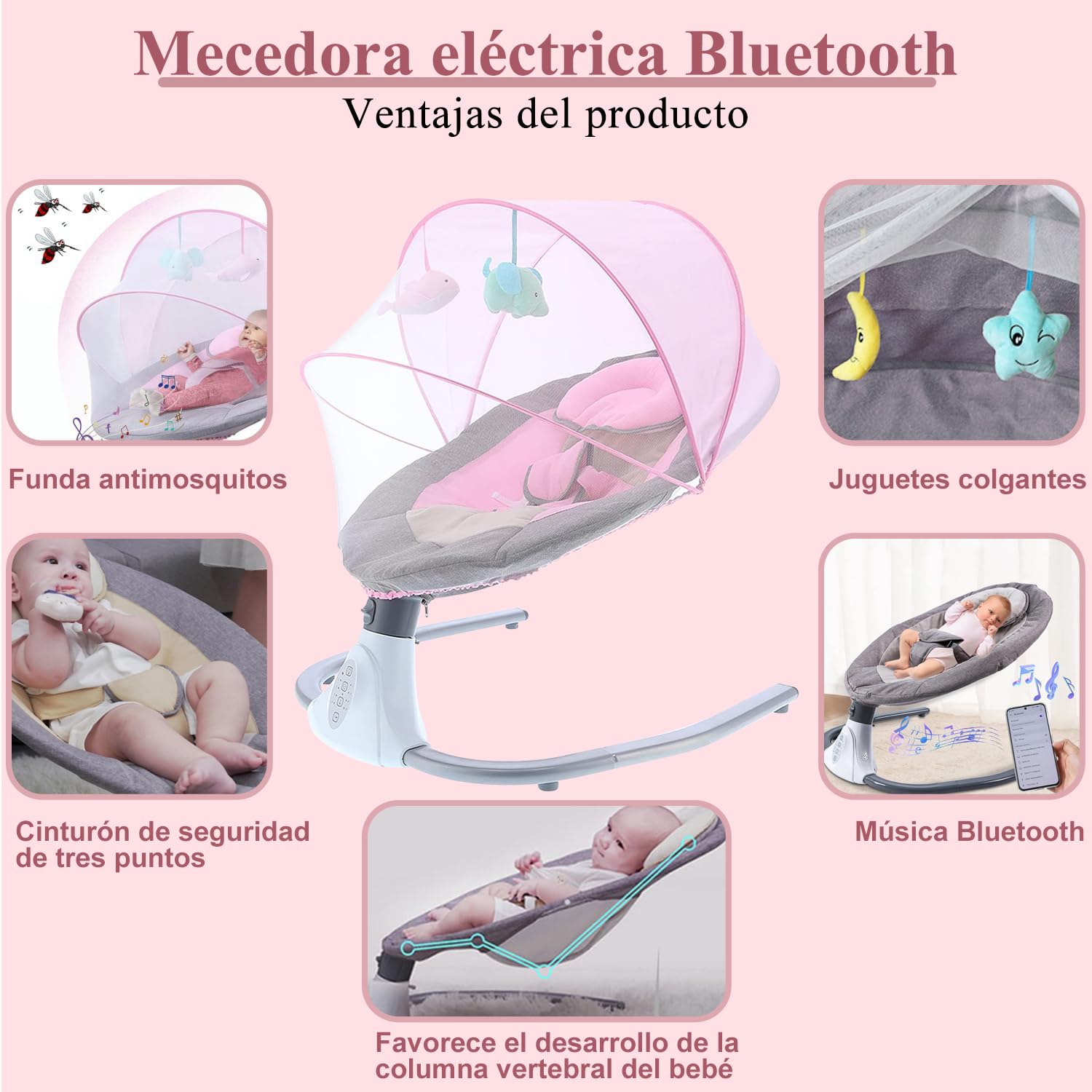 Mecedora Eléctrica AMIARYA Rosa con Mando a Distancia y Bluetooth para Bebé