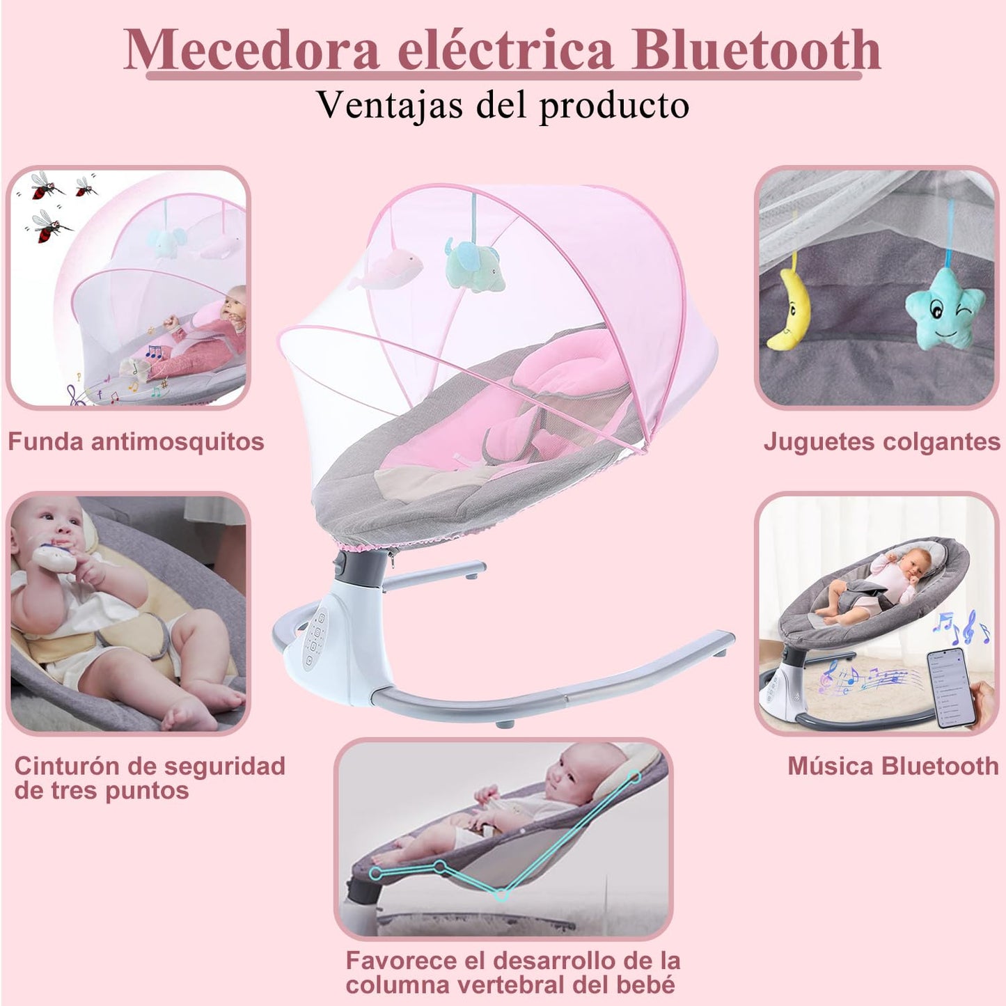Mecedora Eléctrica PERFECTOP Rosa con Mando a Distancia y Bluetooth para Bebé