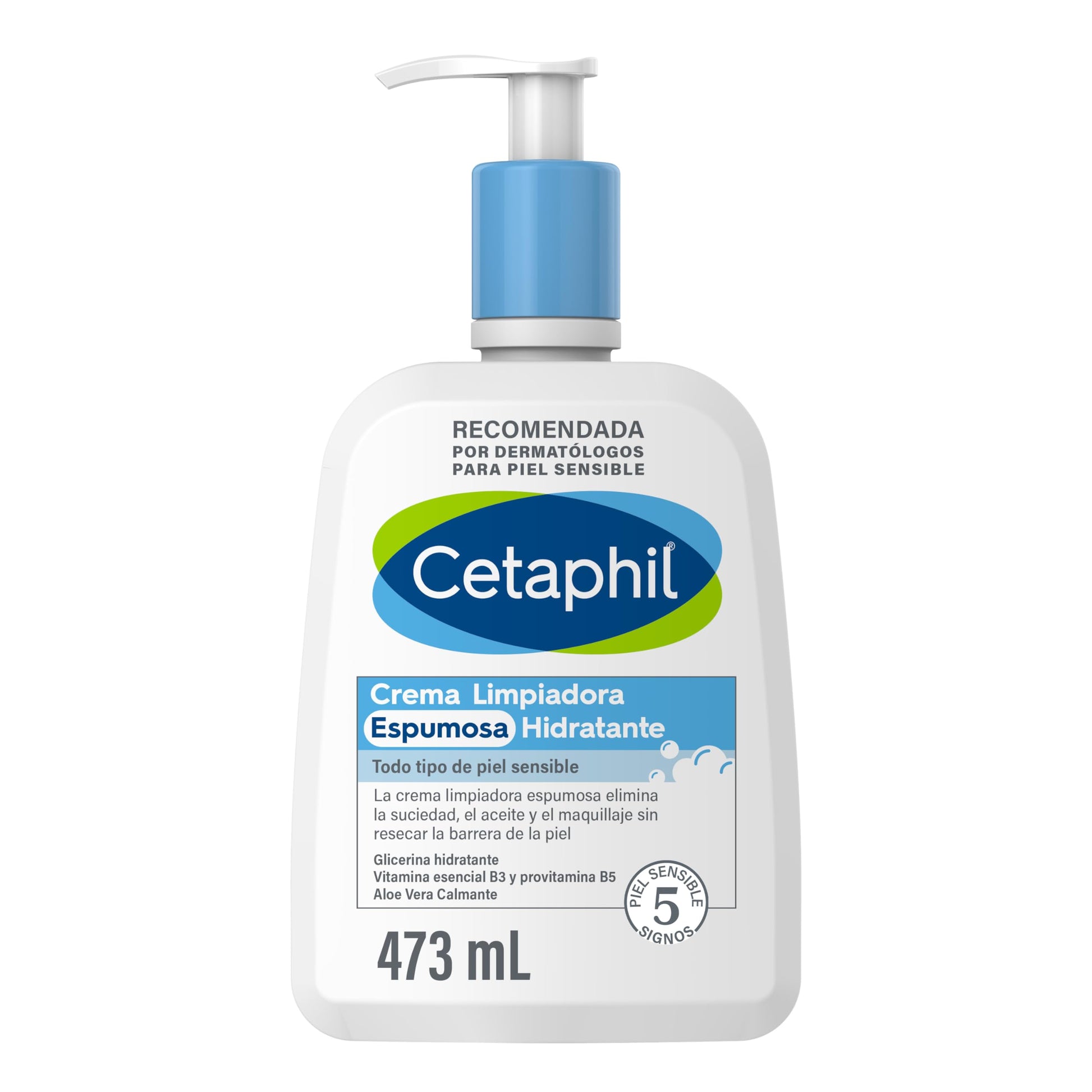 CETAPHIL Crema Limpiadora Espumosa Hidrantante, elimina la suciedad, aceite y maquillaje sin dañar la barrera de la piel, de 473 ml, Recomendada por Dermàtologos para Piel Sensible