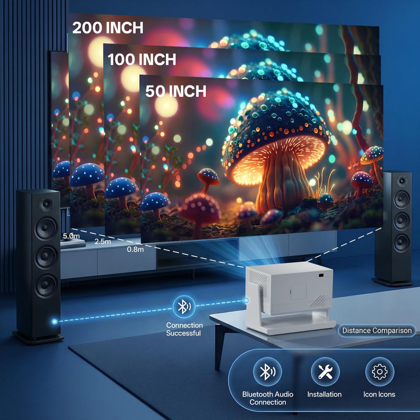 AOSO Proyector Portatil Ldeal para Ver Copa Mundial，1080P & 4K Proyectores Inteligente, 4000+ Apps con Prime Video, Estándar 300 ANSI Mini Proyector，Bluetooth5.2 & WiFi 6 con HDMI(Blanco