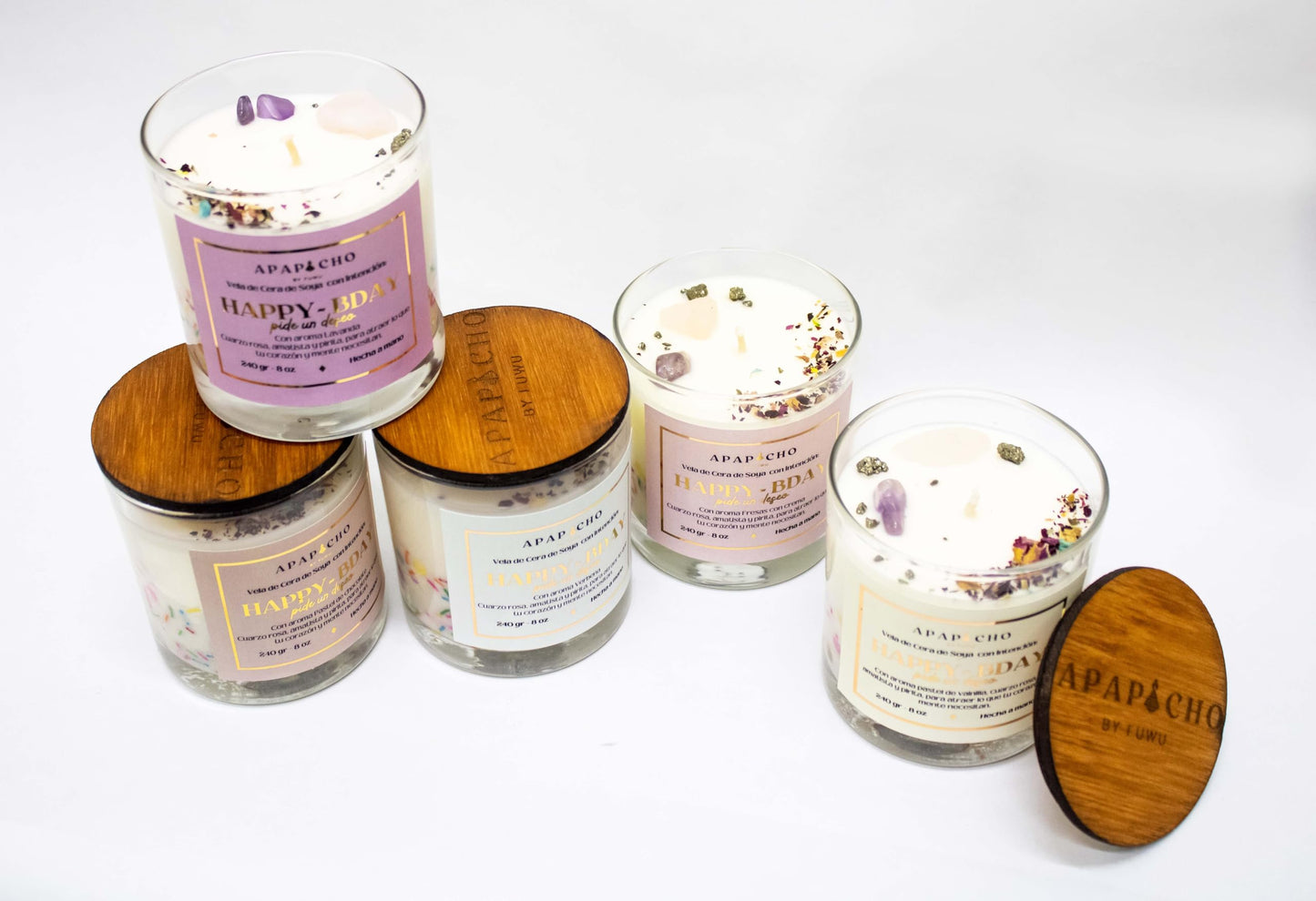 Fuwu, velas aromaticas relajantes Happy Birthday de cera de soya con cuarzos naturales, velas decorativas hechas a mano con hierbas de olor, aromatizantes para hogar, regalos de cumpleaños (Verbena)