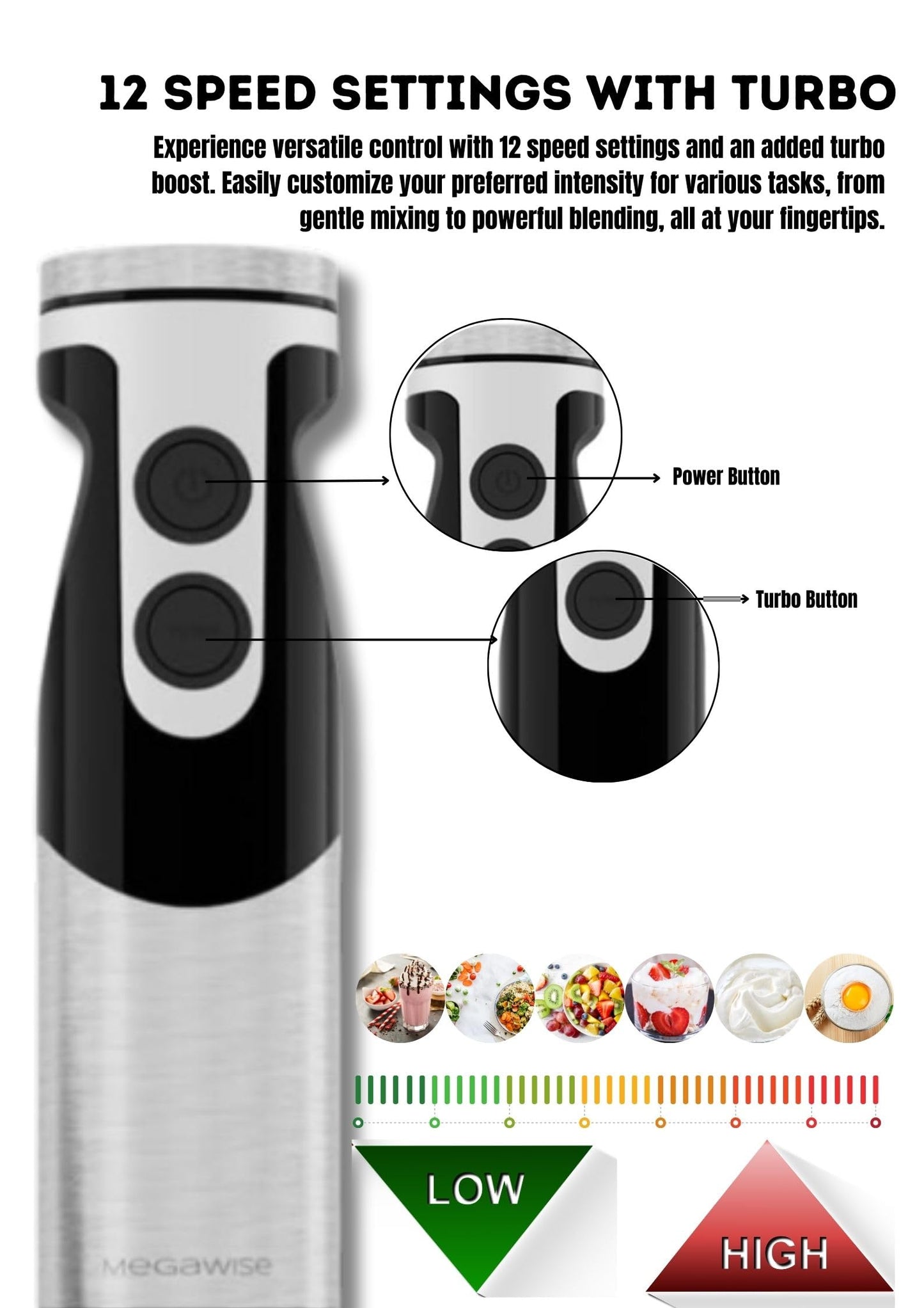 Licuadora de mano de alta potencia Megawise: potencia máxima de 400 W con accesorios versátiles 3 en 1 (eje de licuado, batidor, picadora), con velocidad ajustable y fácil mantenimiento (negra)