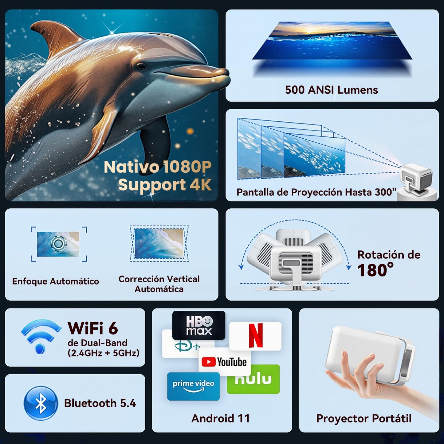 VUEKIME M3 Pro Proyector 4K Portátil, Nativo 1080P(Soporte 4K), 300 Pulgada