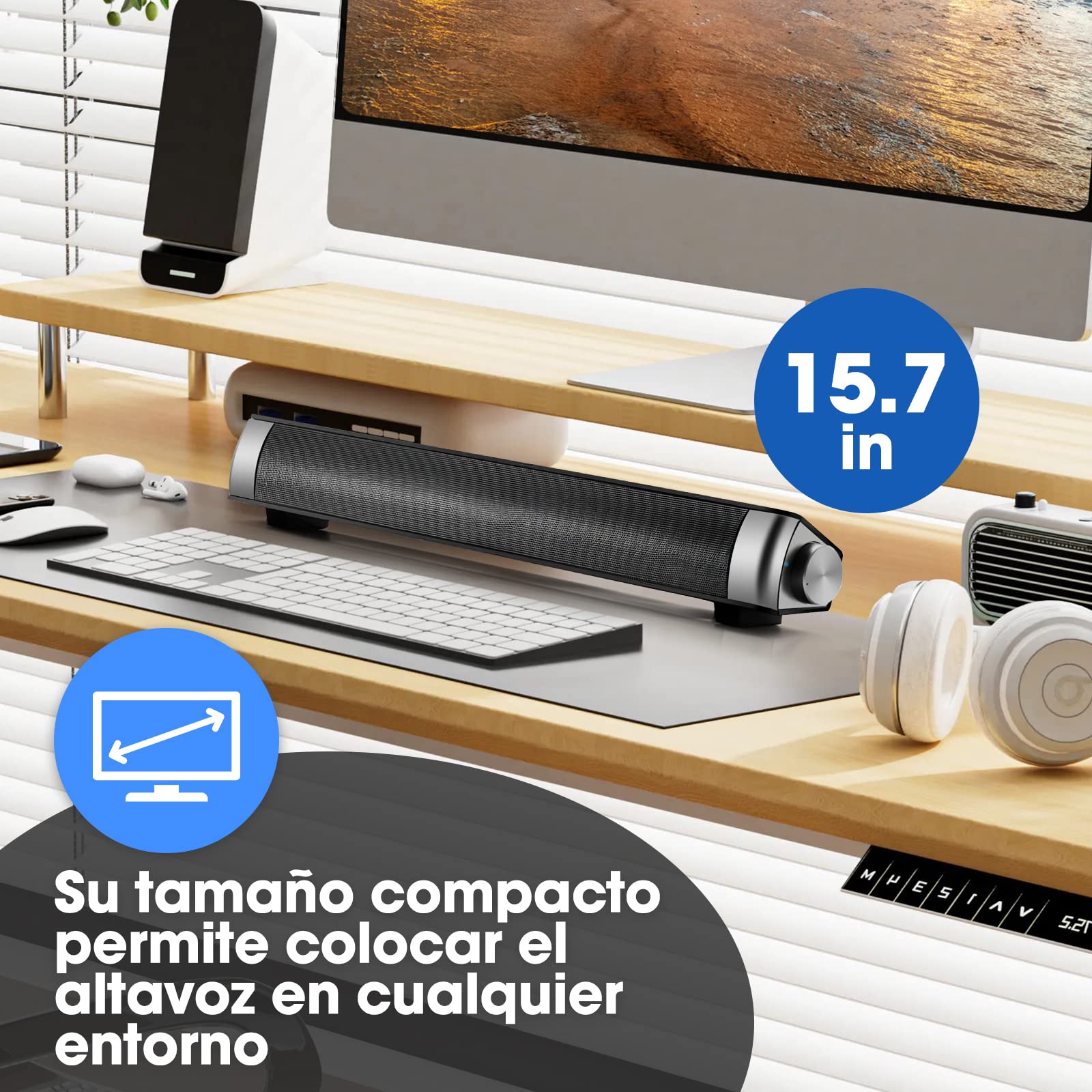 Reproductor Bluetooth,Altavoz Inalámbrico Bluetooth, con Conexión AUX/TF Sonido Envolvente Estéreo de 360, Reproducción Manos Libres, ,Minisistema de Audio para TV,Altavoces de Cine en Casa (Plata)
