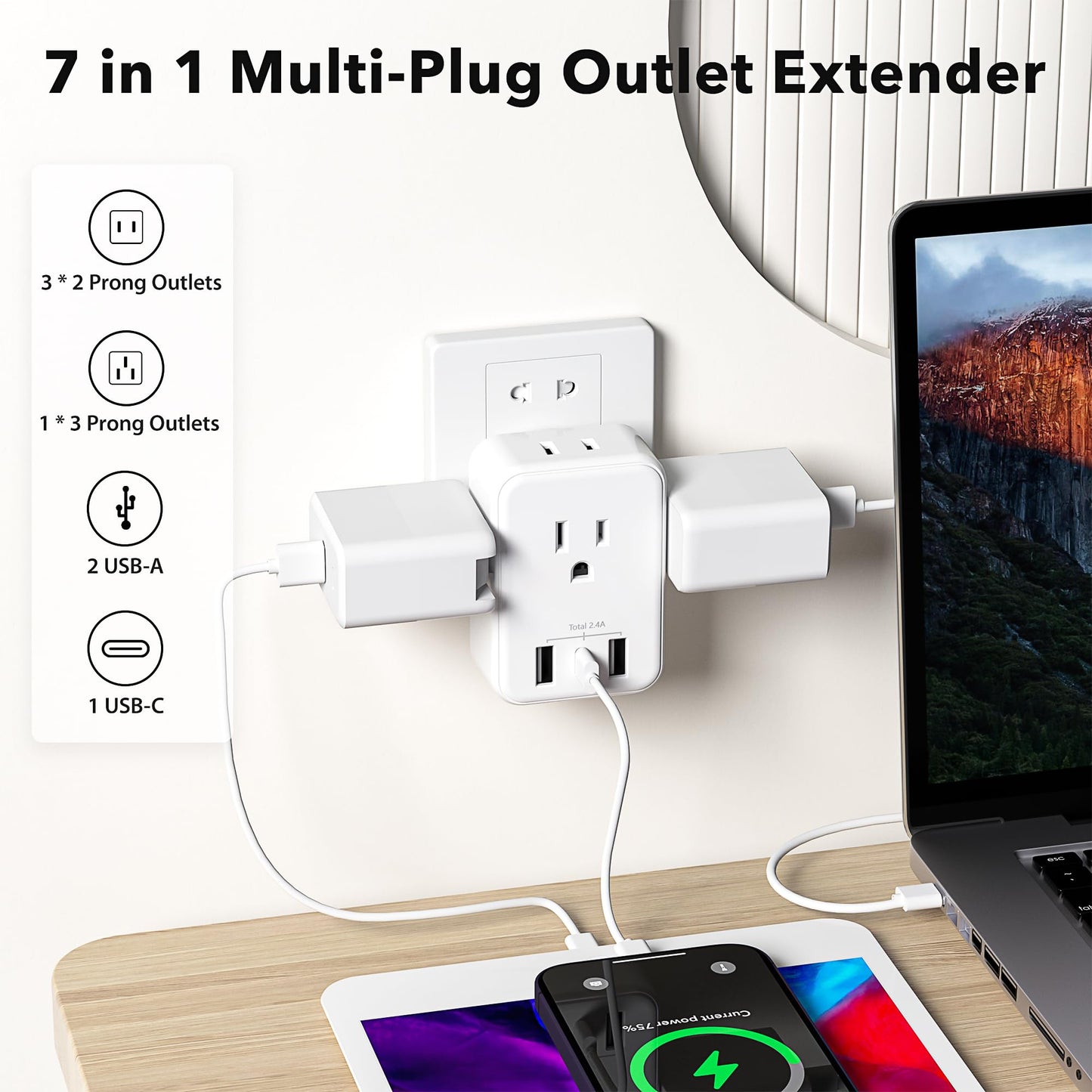BN-LINK - Extensor de Enchufe múltiple con Salidas de CA y Puertos USB, Divisor de Salida con 3 Puertos USB (1 USB C), Adaptador de Cargador de Pared para recámara, Escuela, Viajes, Oficina, hogar (4