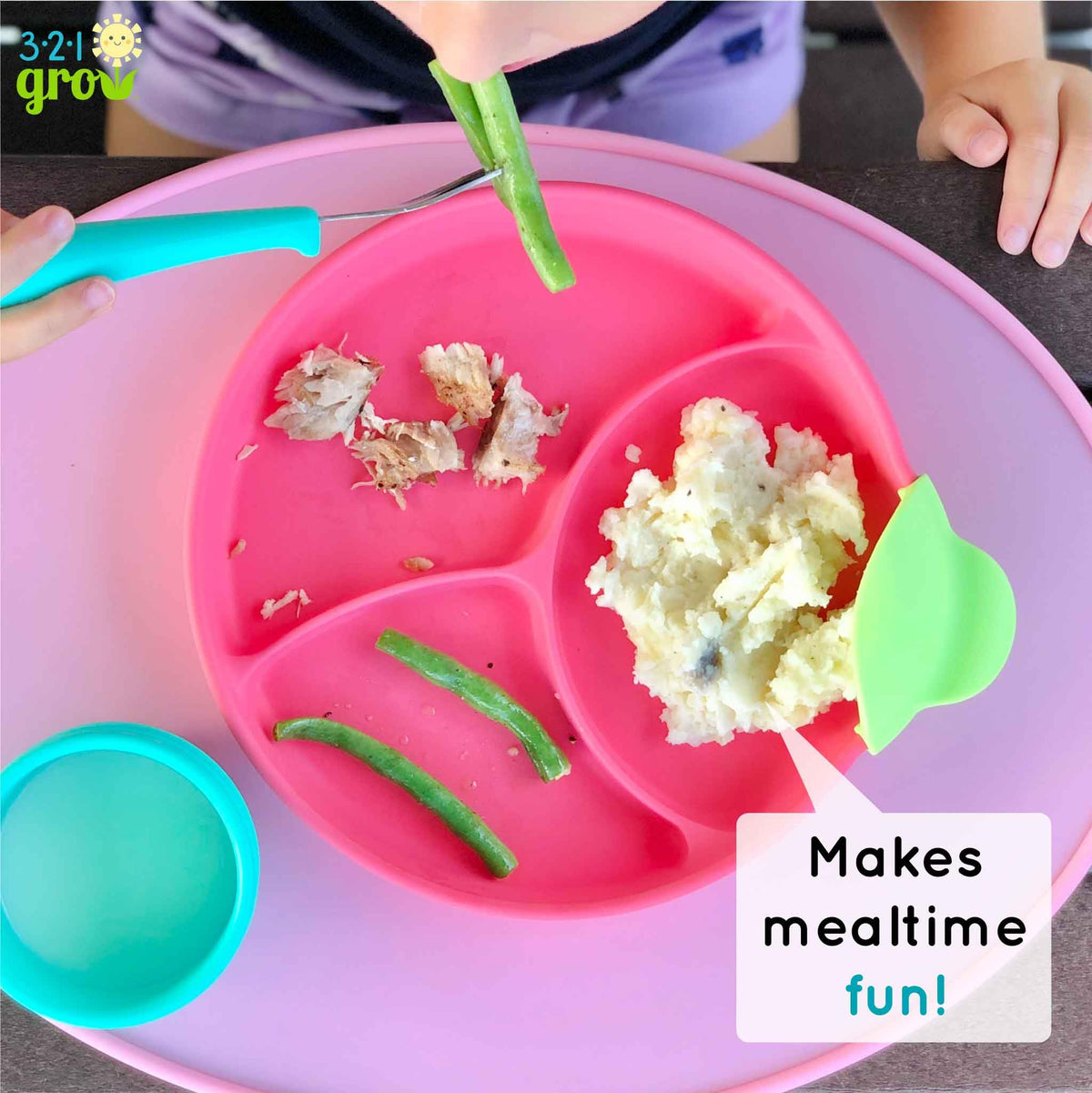 321 Grow • Juego de platos fáciles de cucharar y sostener • Juego de 2 platos • Placa de silicona para bebés, niños pequeños con divisores • Borde de clip para comidas fáciles y sin desorden • 6 meses