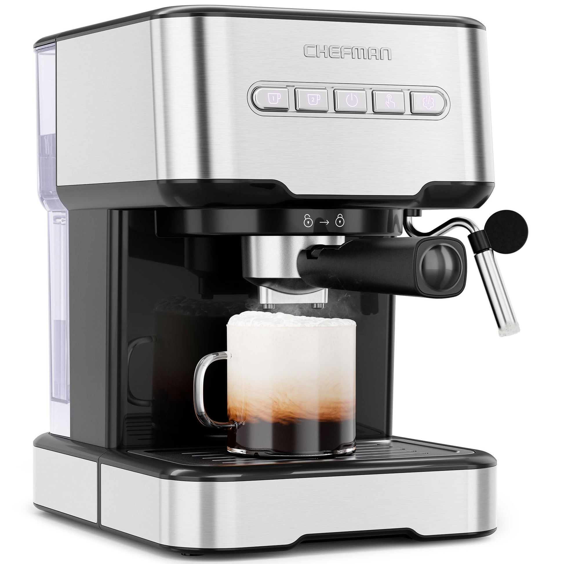 Chefman - Máquina de café espresso , control digital, preparación individual o doble, piezas aptas para lavavajillas, acero inoxidable