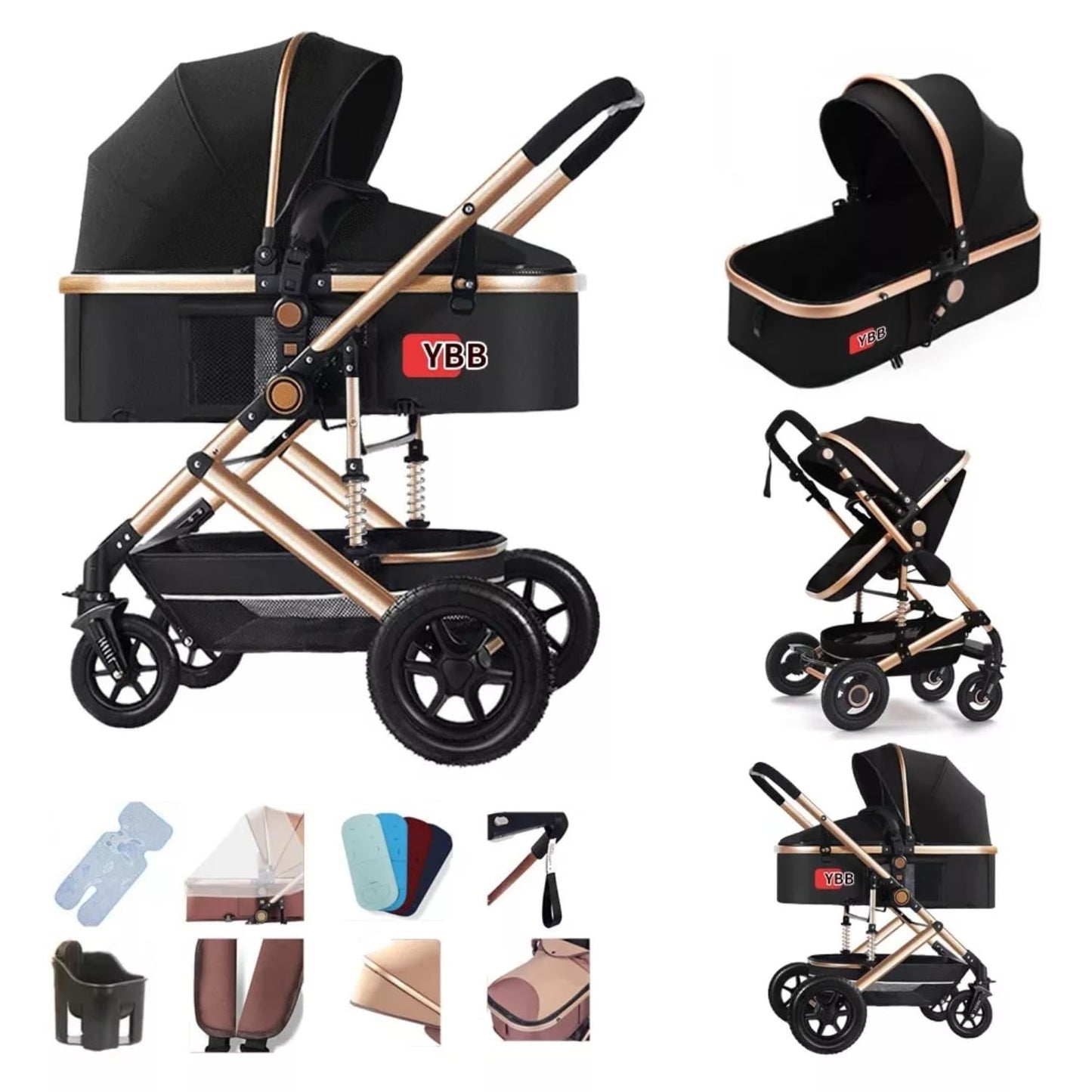FINYQBET Carrito De Bebé Plegable Universal Para Cuatro Estaciones Sillas De Paseo para Bebés De Alta Vista para Bebés Recién Nacidos, Implementación Bidireccional Multifuncional Y Segura Negro