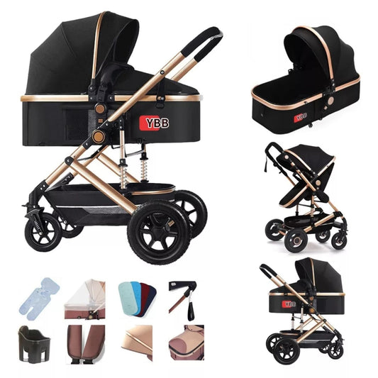 FINYQBET Carrito De Bebé Plegable Universal Para Cuatro Estaciones Sillas De Paseo para Bebés De Alta Vista para Bebés Recién Nacidos, Implementación Bidireccional Multifuncional Y Segura Negro
