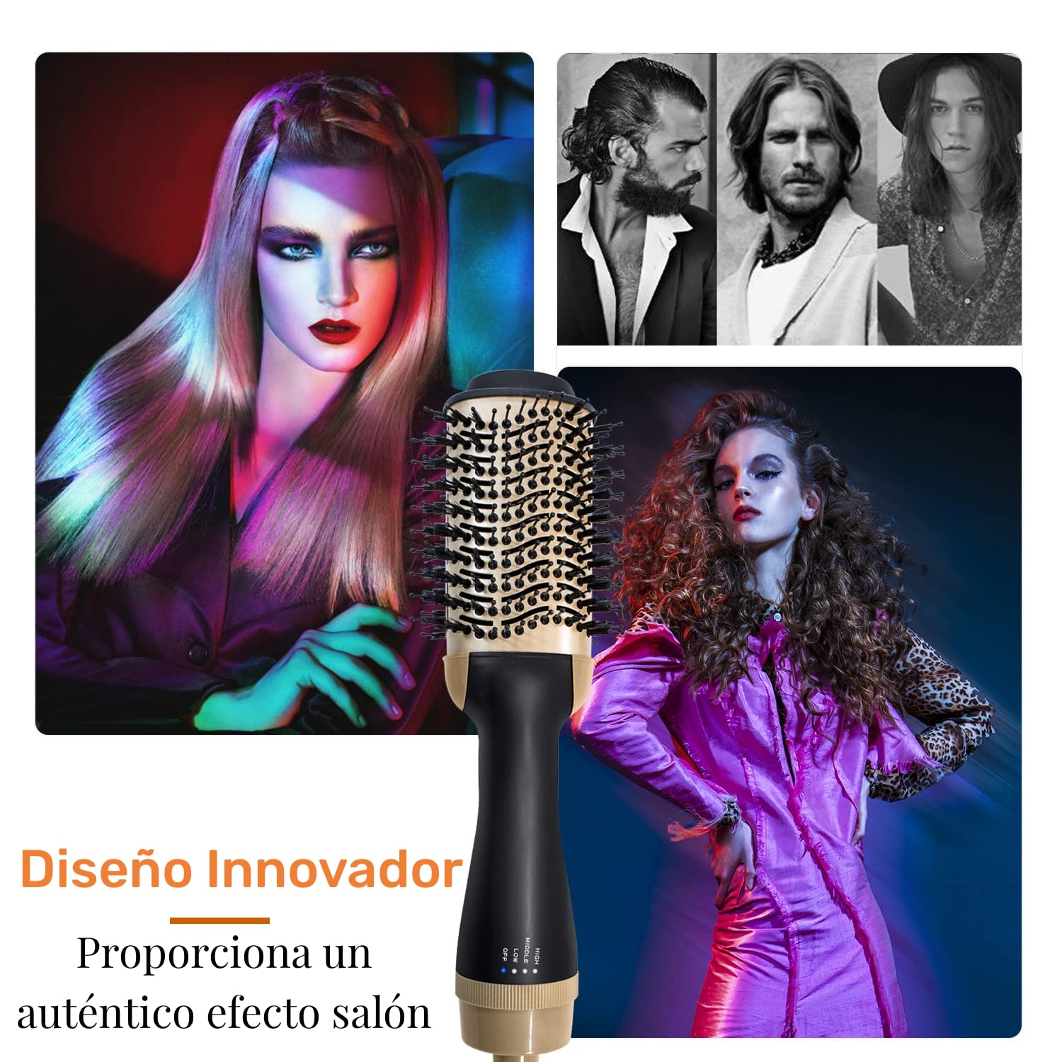 Cepillo Secador de Cabello Multifuncional, 4 en 1 Cepillo de Aire Caliente para Cabello y Voluminizador con Iones Negativos Antiencrespamiento para Secar, Alisar y Rizar | Cañón Cerámico de Titanio (Oro)