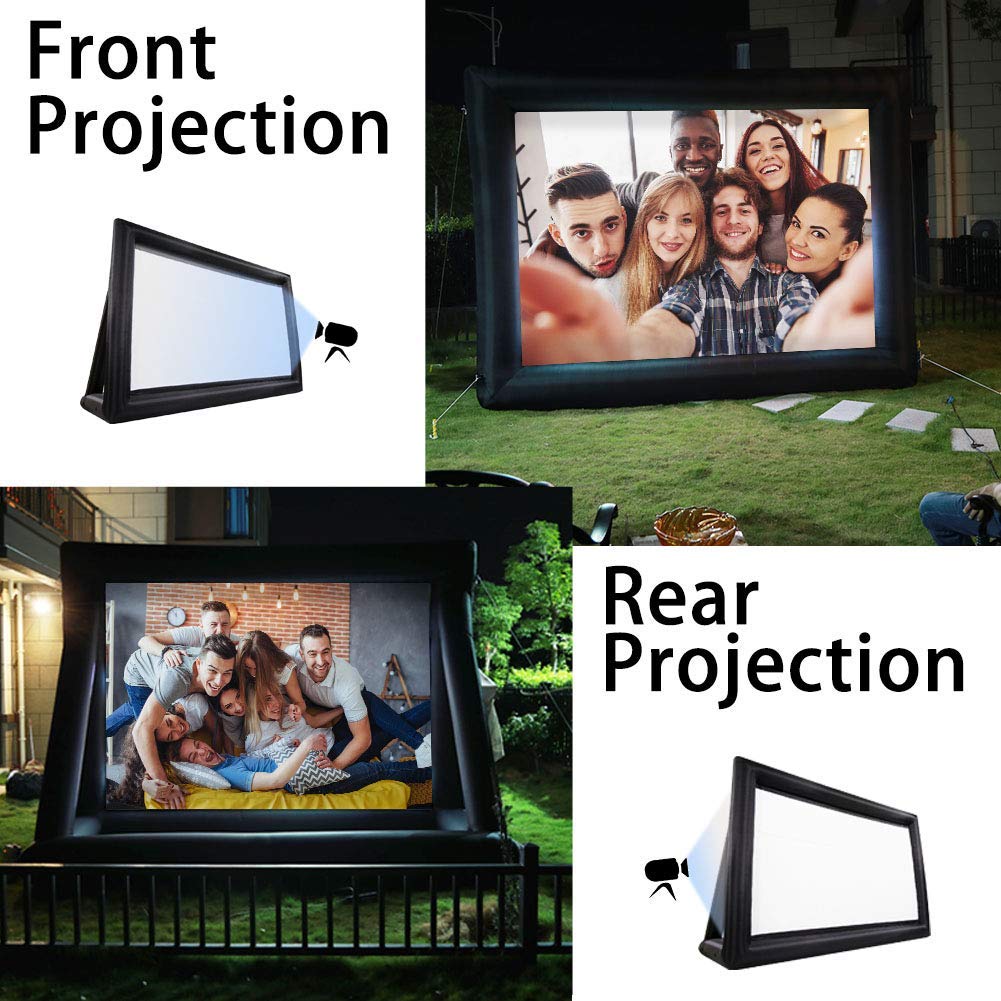 Yimukaka visualización de película inflable de 25 pies con soporte para exterior, proyección trasera, marco estable al aire última intervensión, visualización de película al aire última intervensión, uso en combinación con proyector y altavoz, sin costura