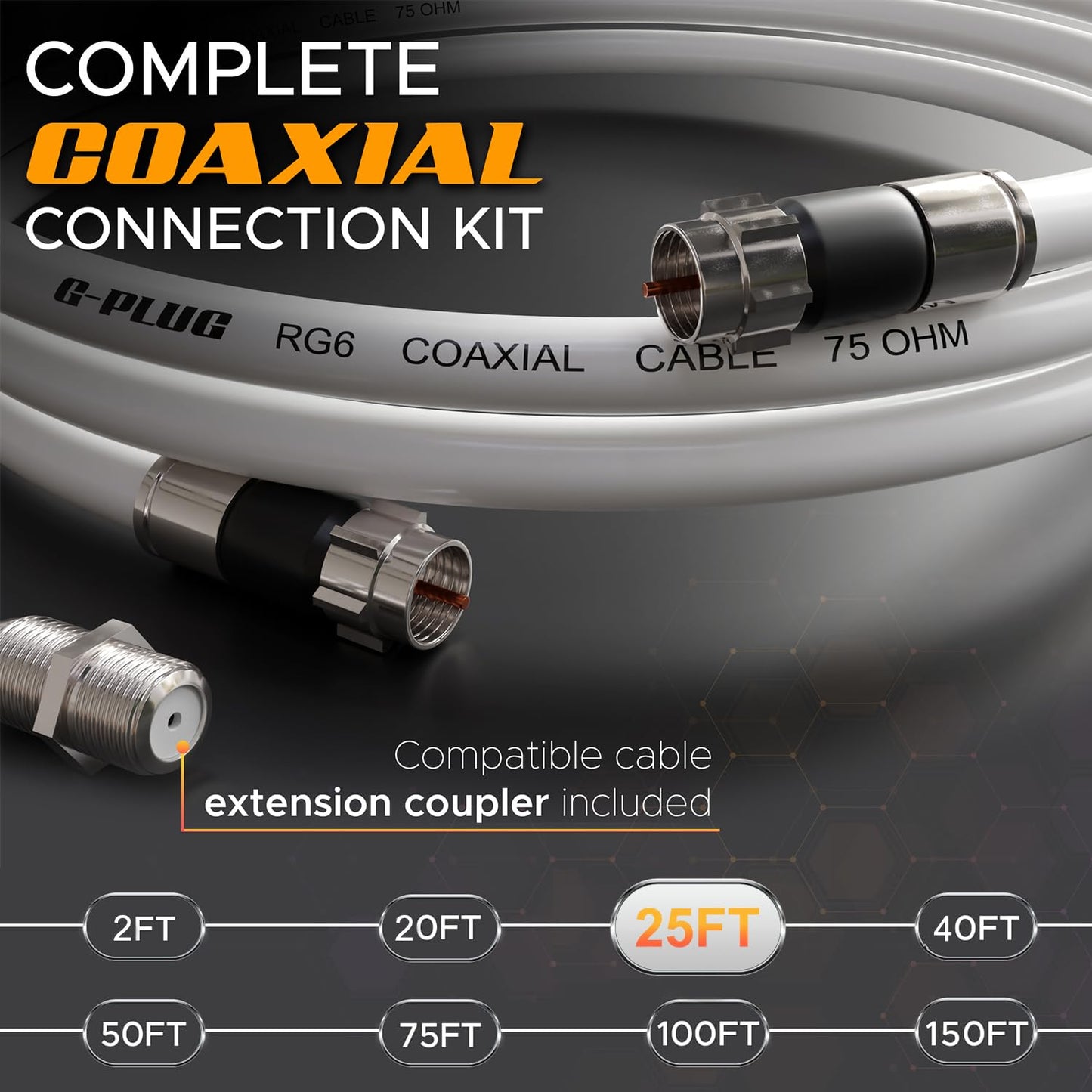 G-PLUG Cable Coaxial RG6 75 Ohm, Triple Blindaje, Conectores F Tipo Macho a Macho, Cable Antena TV, Satelital e Internet Banda Ancha, Incluye Acoplador F81, Blanco