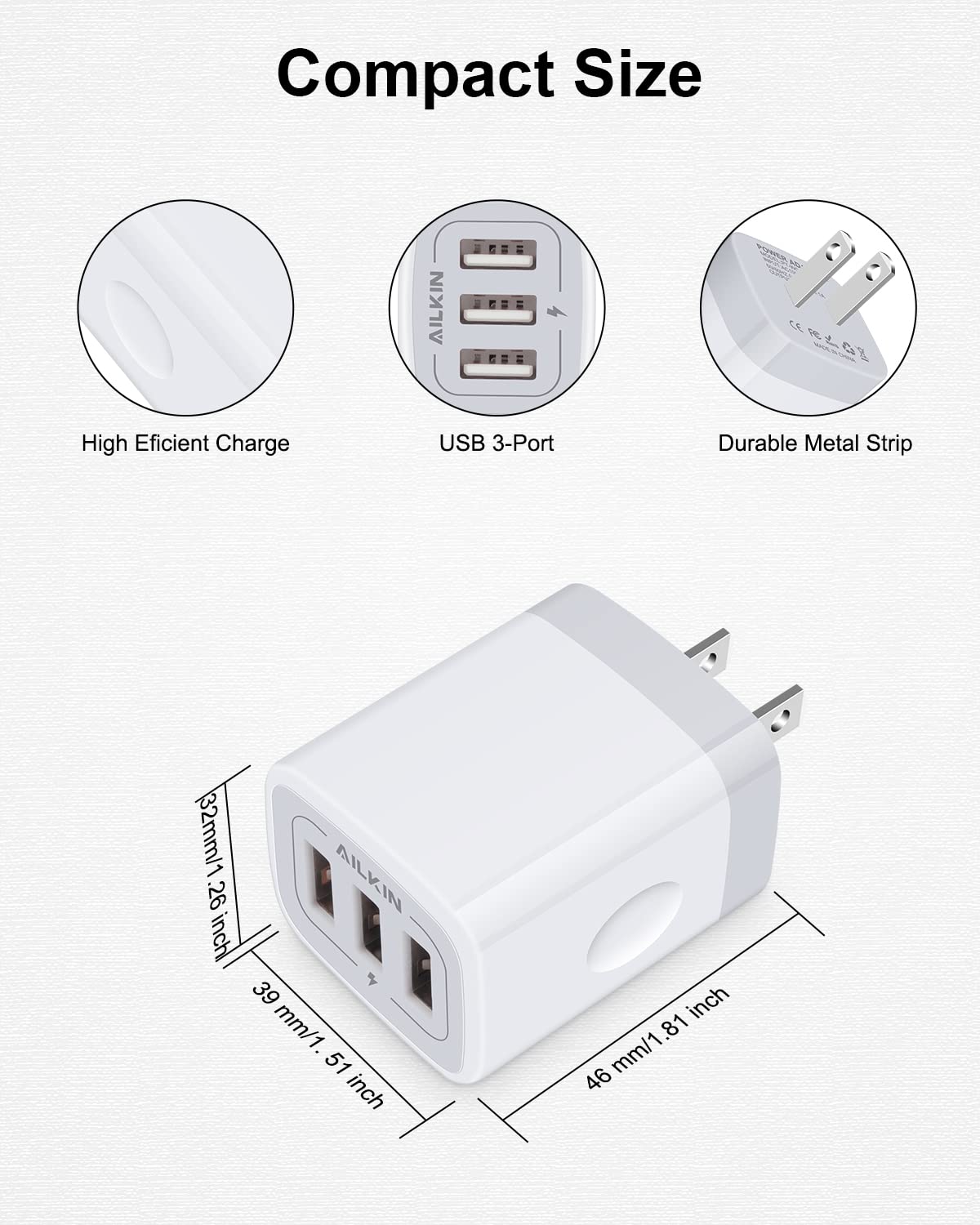 AILKIN - cubeta de cargador USB, enchufe de cargador de pared, adaptador USB 3.1A de 3 puertos USB, base de caja para iPhone 15 14 13 12 Pro Max Mini SE 11 Pro Max/X/8/7, Samsung teléfonos USB Bloque