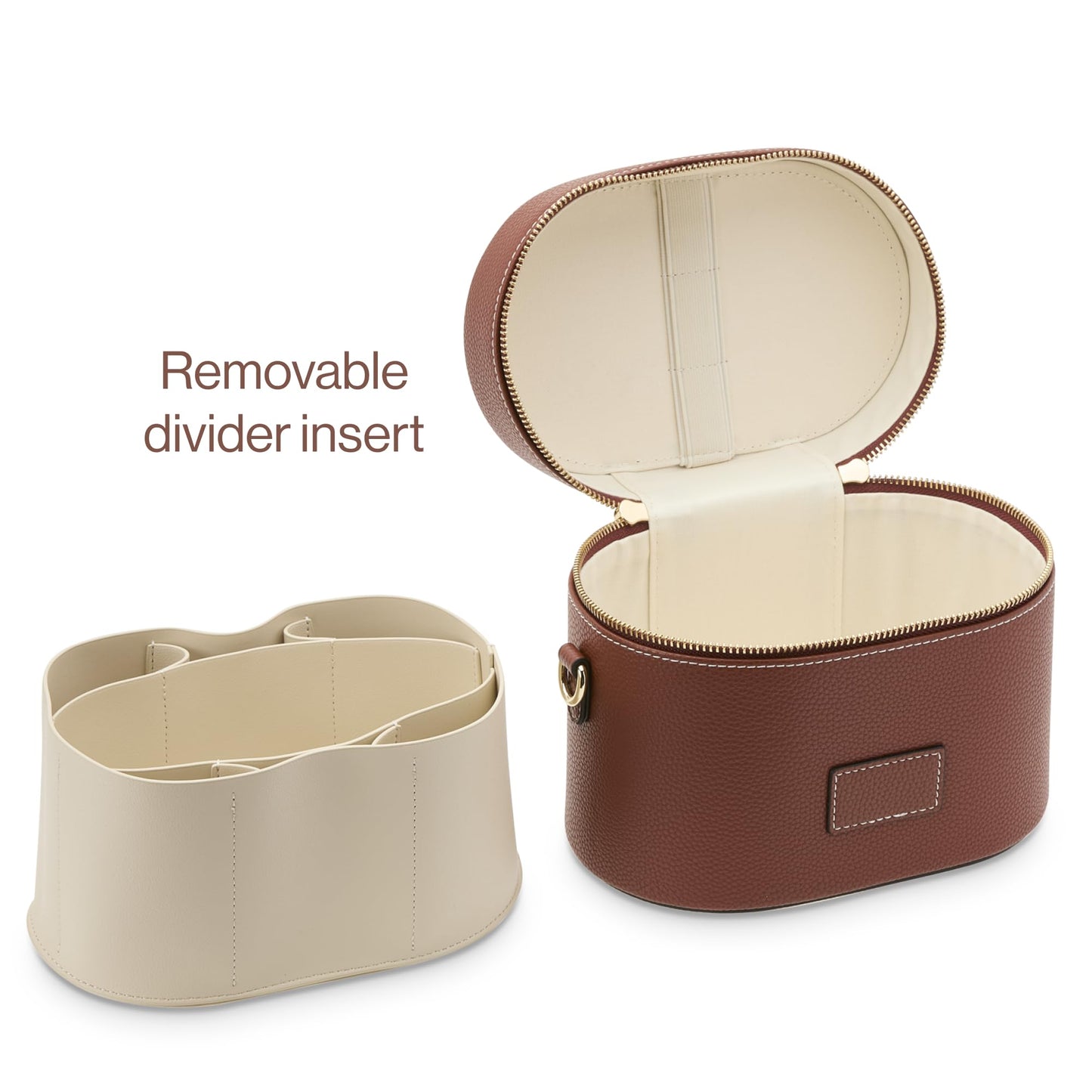ETOILE - Estuche de aseo ovalado, organizador de bolsa de maquillaje de viaje con correa para el hombro y divisor extraíble, Marrón Jengibre, Mini estuche de viaje cosmético