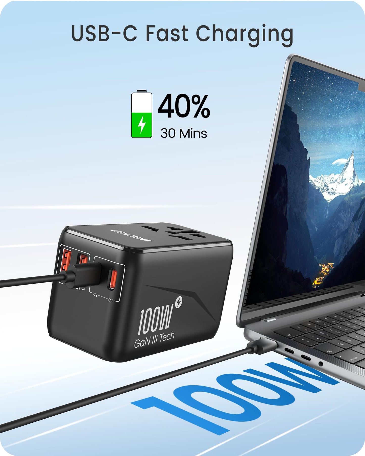 LENCENT Adaptador Universal de Viaje, GAN III 100W Adaptador Internacional con 2 USB QC4.0&2 USB-C PD3.0 Carga Rápida, Cargador Mundial para Teléfono Móvil, Portátil, Negro