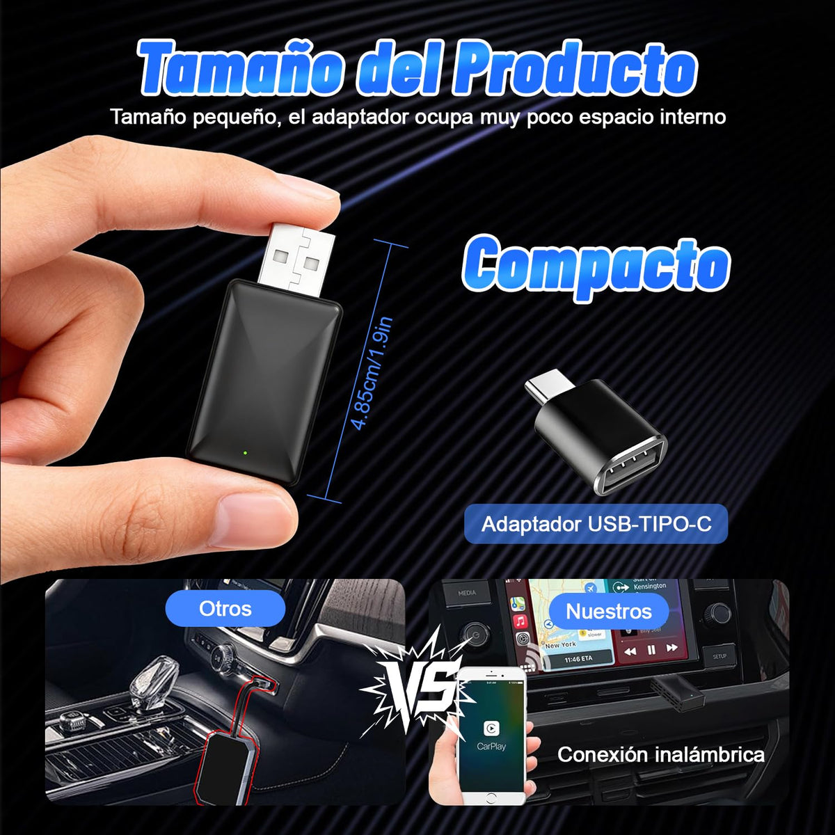 Adaptador Inalámbrico CarPlay y Android Auto, Mini 2 en 1, Blanco, Exión Rápida y Estable WiFi de 5.8 GHz con Puerto USB USB-C