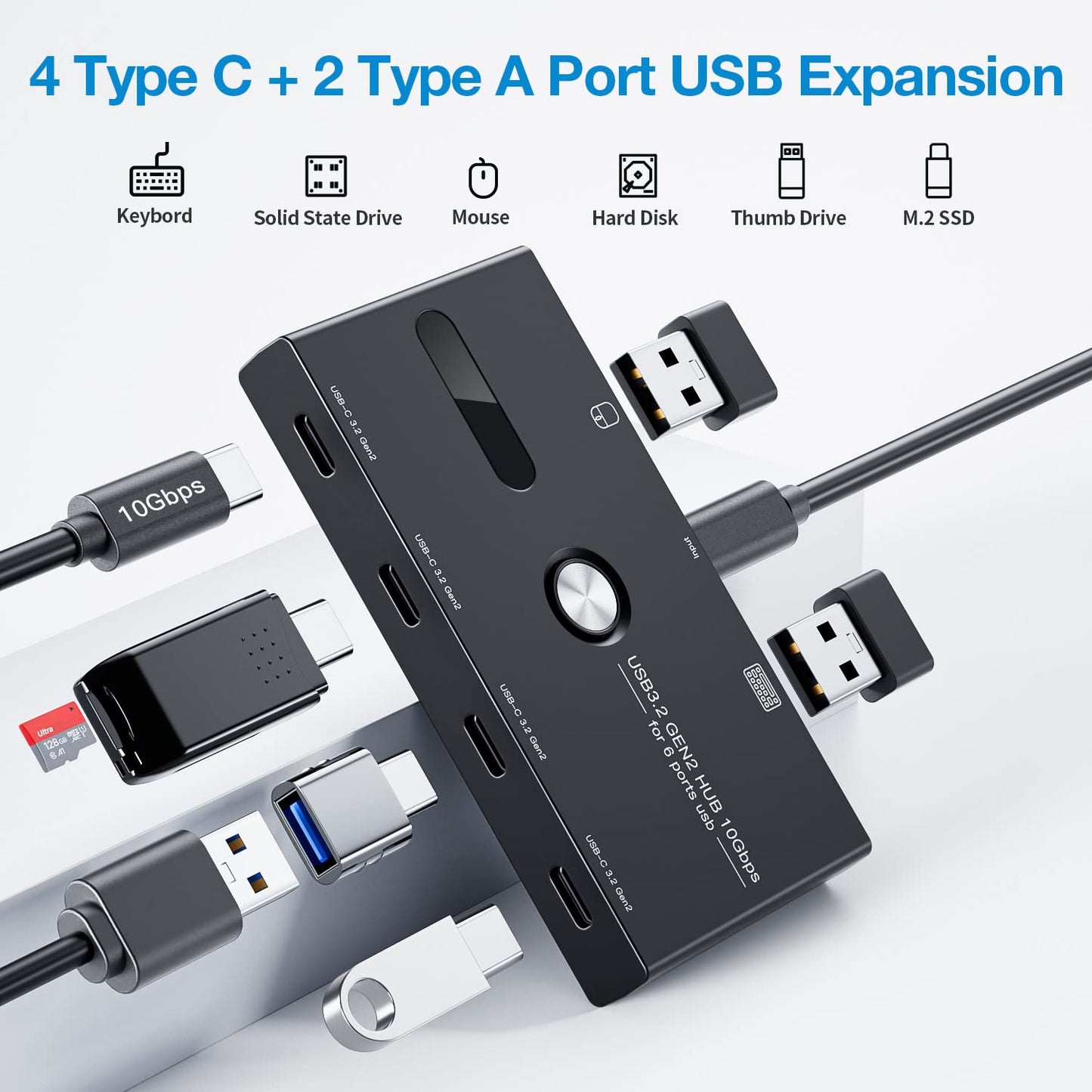 Concentrador USB C de 10 Gbps, divisor USB C de 6 puertos, concentrador USB C a USB C para PC, portátil, MacBook Pro/Air, iMac, Surface Pro, Chromebook, etc. (Solo compatible con carga/monitor)