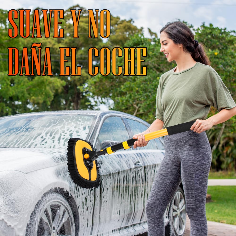 BYHANG Cepillo para Lavar Carros, con Mango Largo, Incluye Cabezal de Repuesto, Juego de 3 Cepillos para Limpieza, Kit de Limpieza para Auto con Poste Extensible, Ideal para Coches, SUV, Camiones