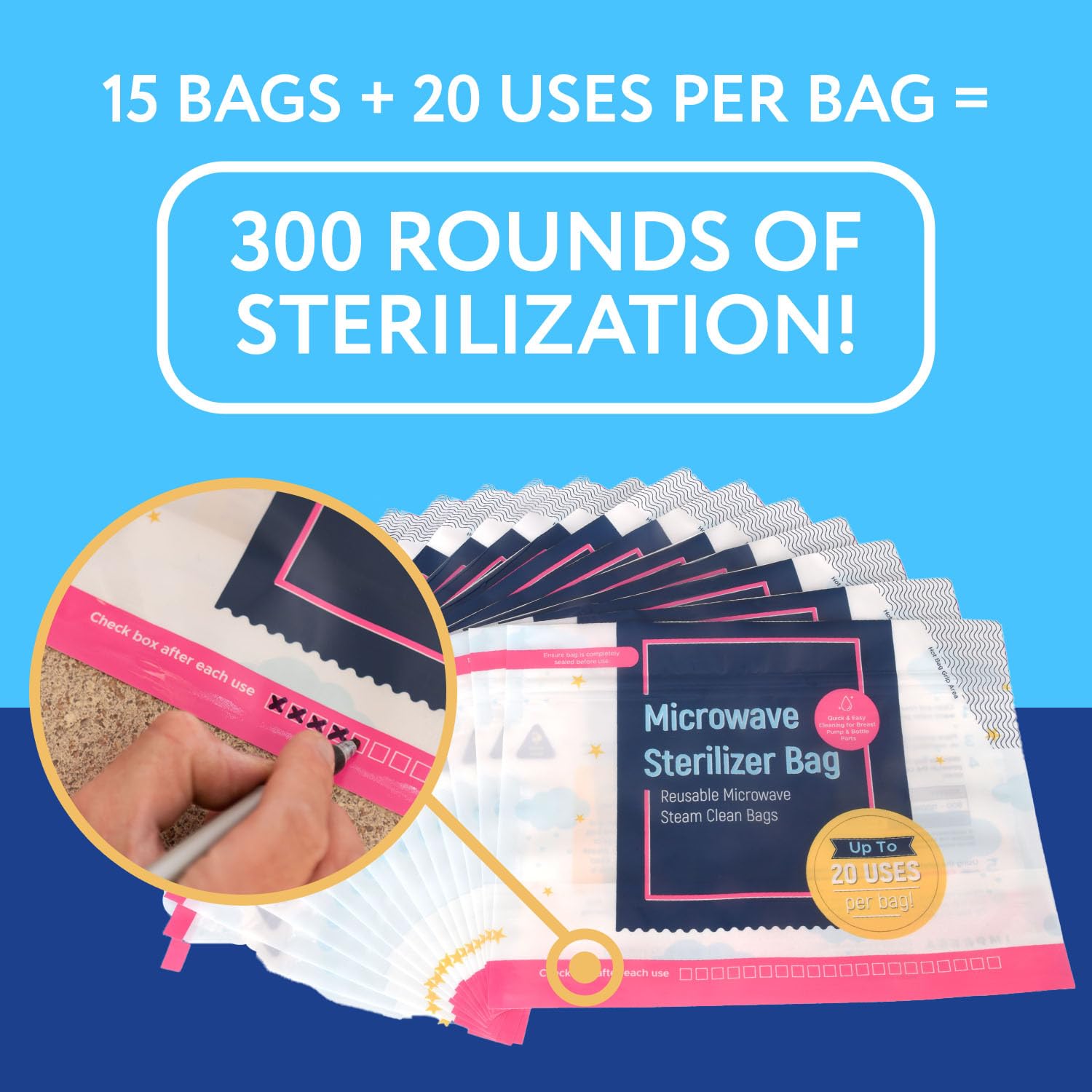 IMPRESA - Paquete de 15 bolsas esterilizadoras para biberones de microondas, 300 usos por paquete, limpiador de biberones de bebé, bolsa esterilizadora de microondas, accesorios de viaje para