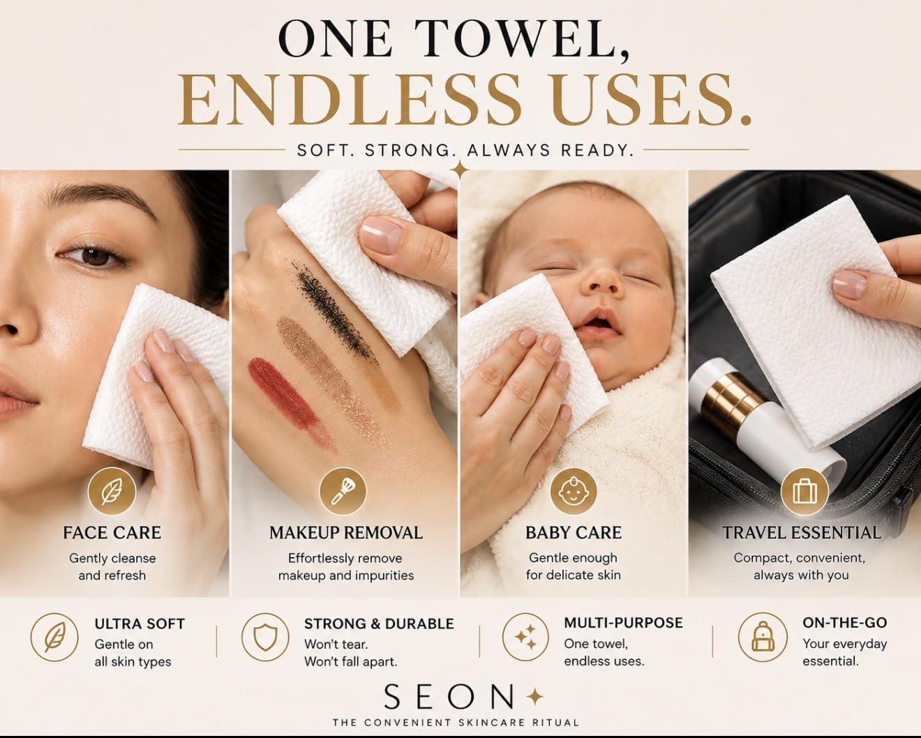 seon Toallas faciales desechables SEON SoftSkin, toallas de limpieza facial biodegradables ultrasuaves, paquete de 50 unidades.
