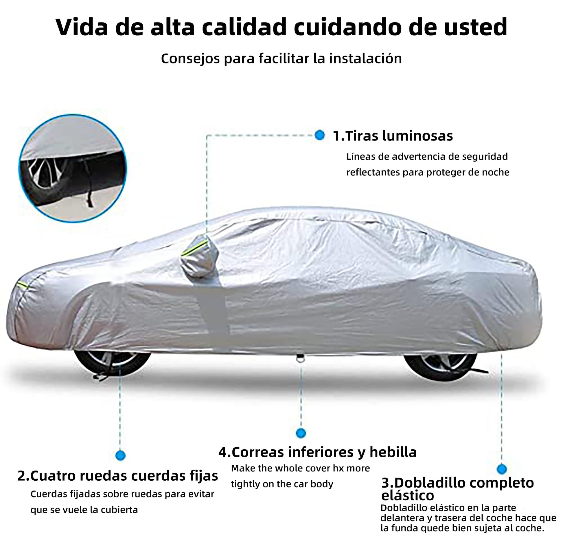 Funda de coche de 185 x 71 x 48 pulgadas resistente al sol y a la lluvia cuatro estaciones funda de coche universal reflectante del calor y del polvo para la mayoría de los coches de tamaño medio 4,7m
