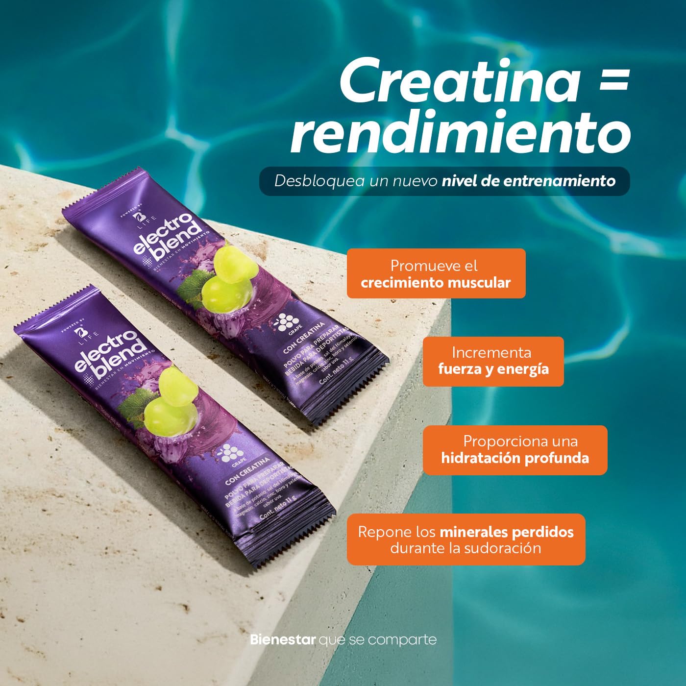 B Life Electrolitos con Creatina | 5g de creatina monohidratada por porción | 45 sobres | Sin Azúcar Ni Colorantes Añadidos | Más de 80 Minerales | 495g | Electroblend Con Creatina.