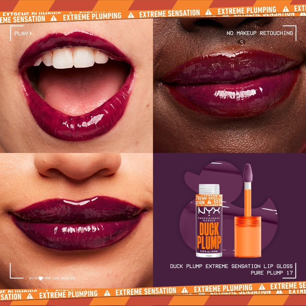 NYX Professional Makeup, Duck Plump, 7ml. Tono: Pure Plum-P (Morado). Brillo labial voluminizador con efecto plumping para un volumen instantáneo. Gloss infusionado con jengibre picante para un volumen visible y de larga duración. Fórmula vegana.