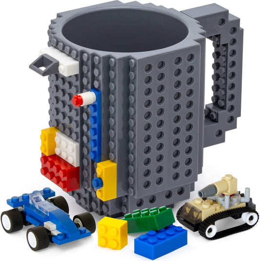 John & John Taza armable de diseño Divertido para Ladrillos, Incluye un muñeco y 2 Sets de Bloques de construcción para Jugar (10 Colores) - Gris