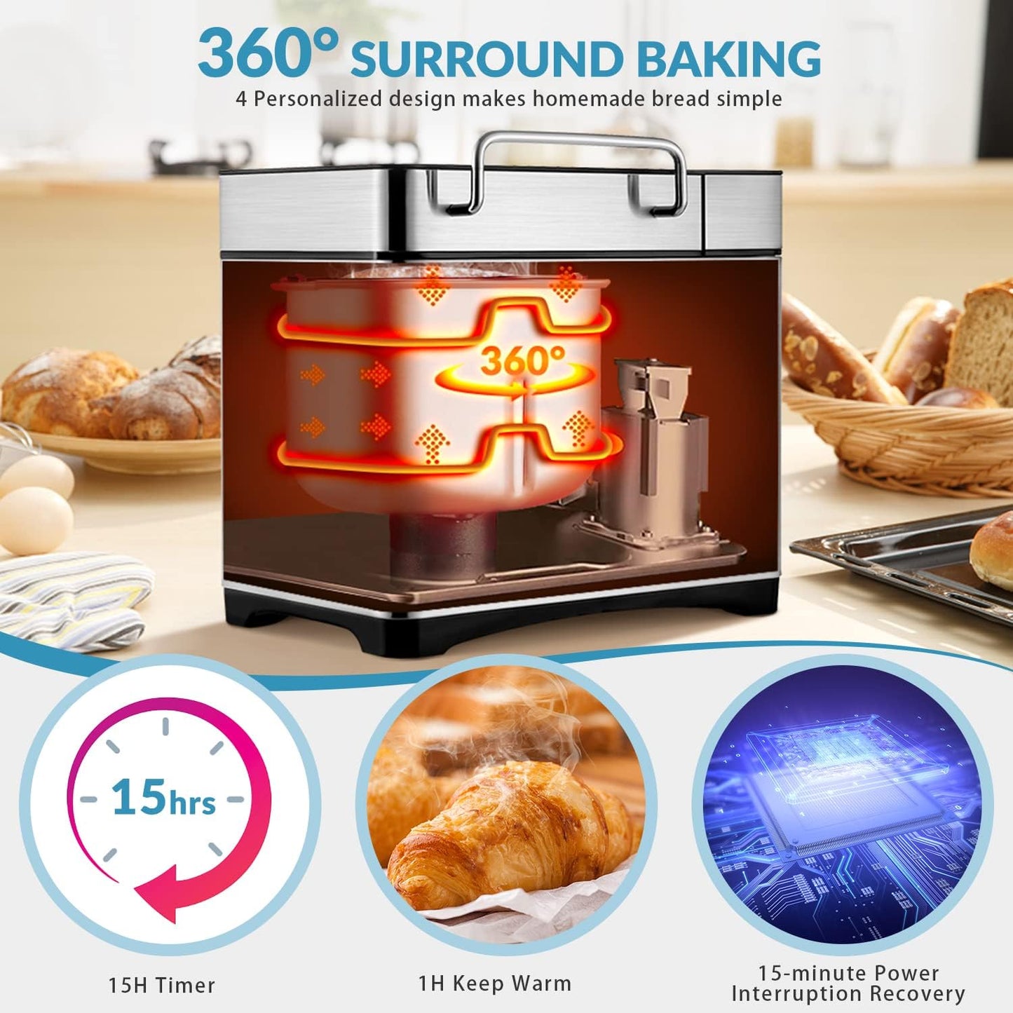 Máquina de pan de acero inoxidable 17 en 1, máquina de pan de 2 libras sin BPA antiadherente de 5 capas superior de cerámica fundida a presión, dispensador automático de frutos secos, 2 paletas y