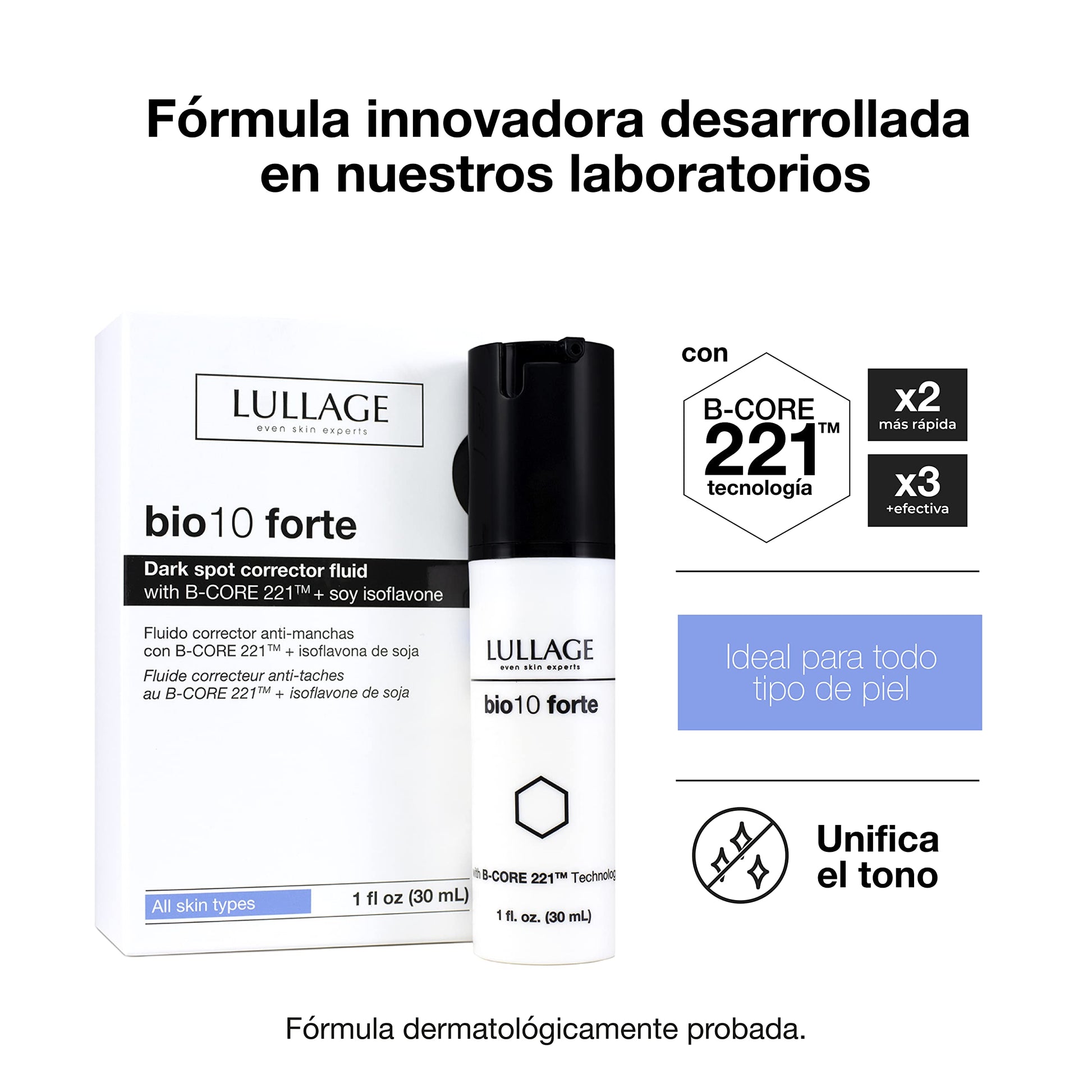 LULLAGE, Bio 10 Forte, Crema Antimanchas Intensiva para Todo Tipo de Pieles, Despigmentante Facial, Tratamiento para Manchas Oscuras en el Rostro, 30 ml