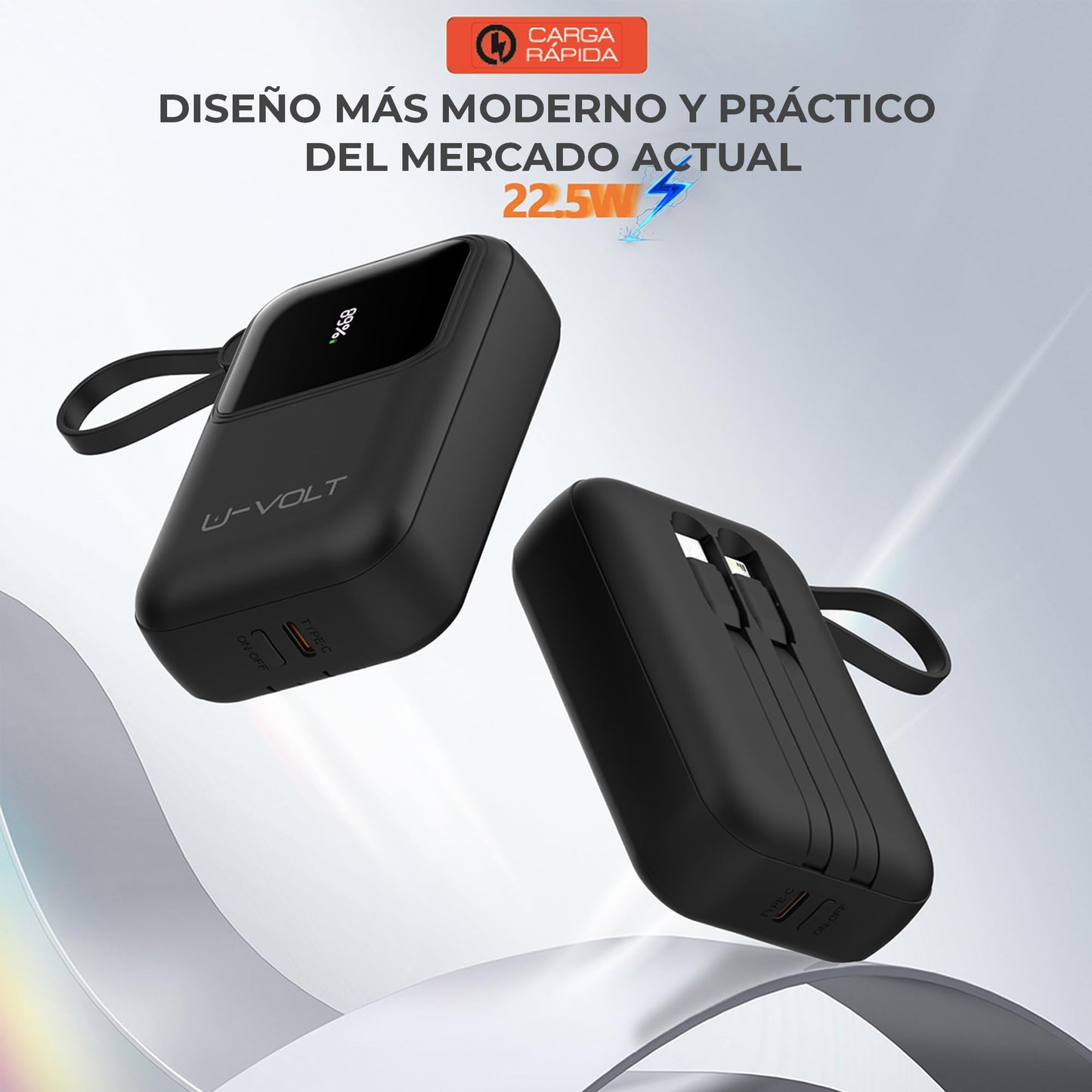 CELULARTE Power Bank U-Volt 10,000 mAh con Cables Integrados, Carga Rápida 22.5W, Batería Portátil con Pantalla Digital para iPhone, Samsung, Xiaomi, iPad y Más (Negro)