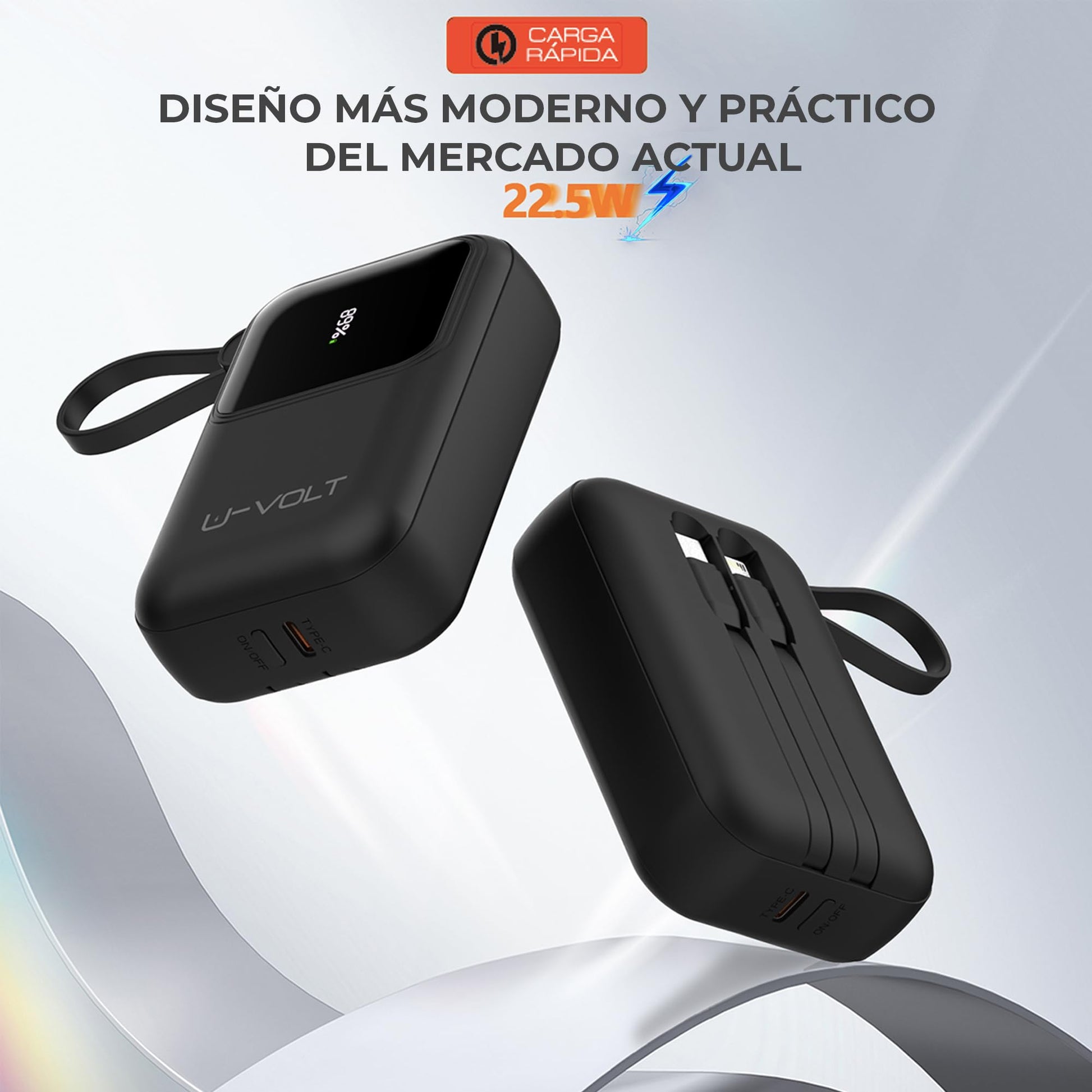 CELULARTE Power Bank U-Volt 10,000 mAh con Cables Integrados, Carga Rápida 22.5W, Batería Portátil con Pantalla Digital para iPhone, Samsung, Xiaomi, iPad y Más (Negro)
