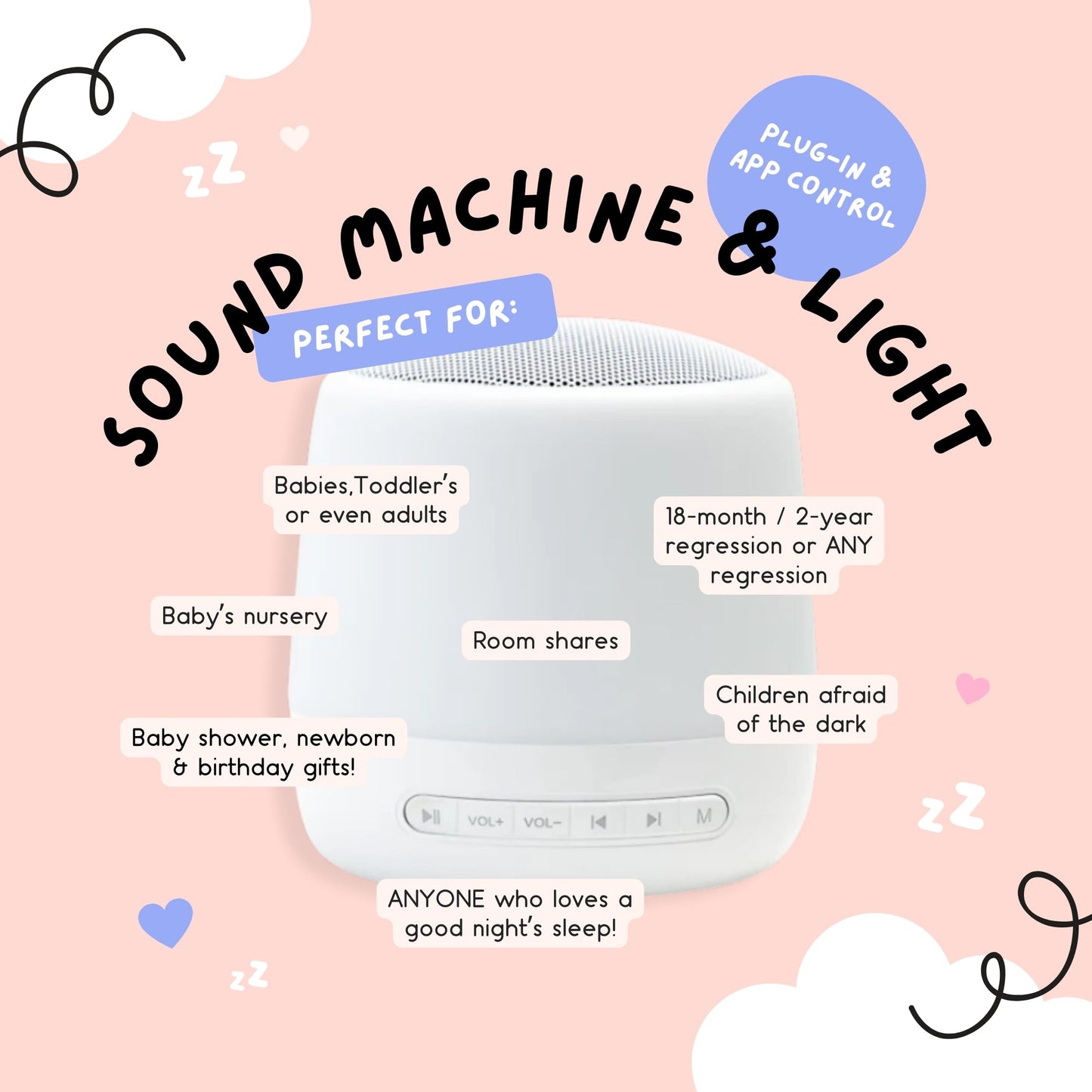 The Midwife Mumma Baby Sound Machine and Sleep Light, 34 sonidos calmantes, ruido blanco para bebés y adultos, función controlada por la aplicación