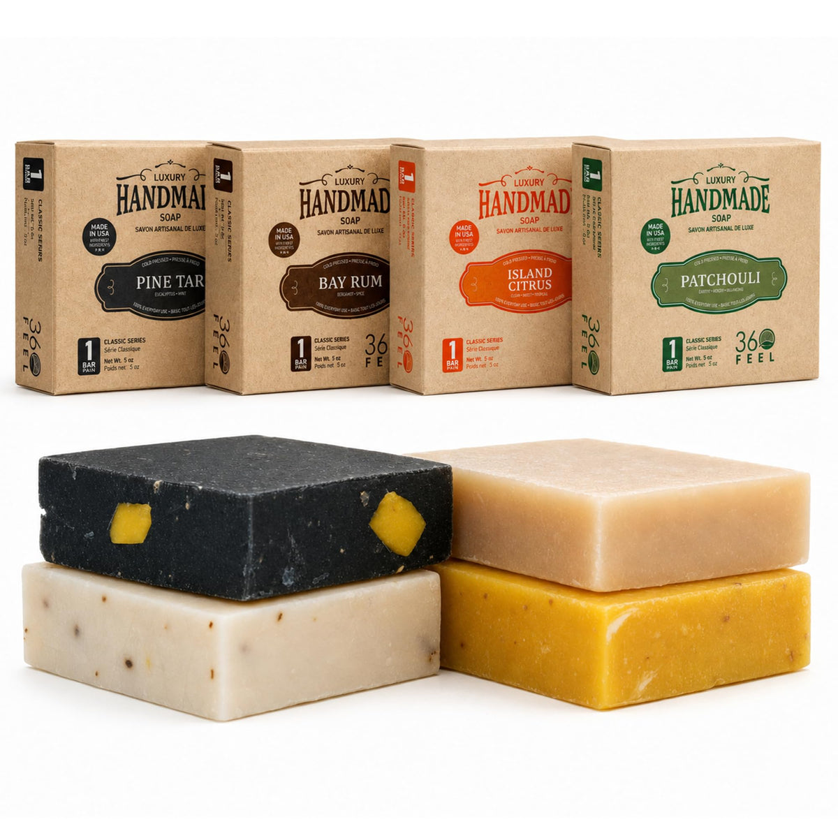 360Feel Men's Handmade Natural Soap bar - 4 Large Best Sellers Mens Soap Bar with Masculine fragrance- Bay Rum, Pine Tar, Patchouli, Citrus Soaps- Gift pack- Organic Mens Soap, Castile Mens Bar Soap