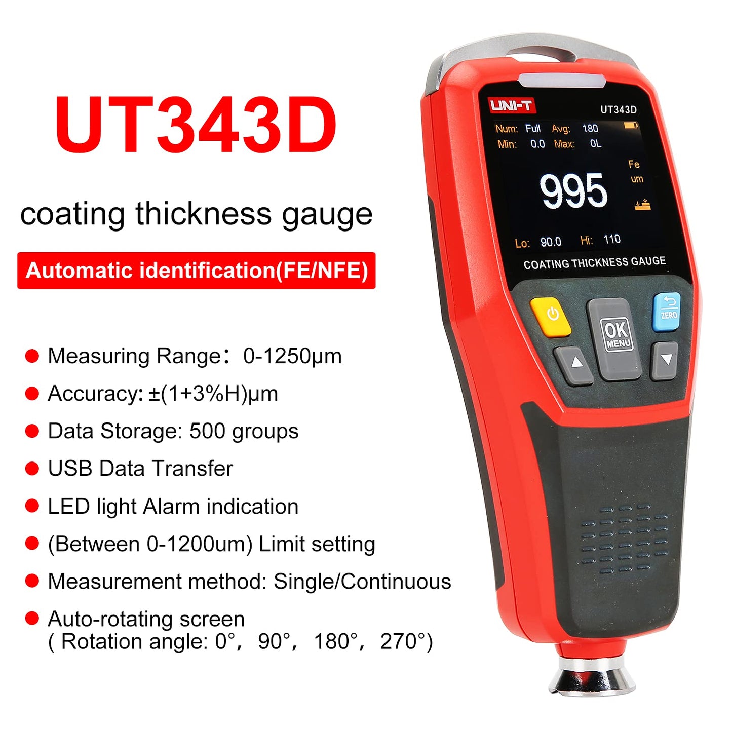 Medidor de Espesor Digital UT343D con USB 0-1250um